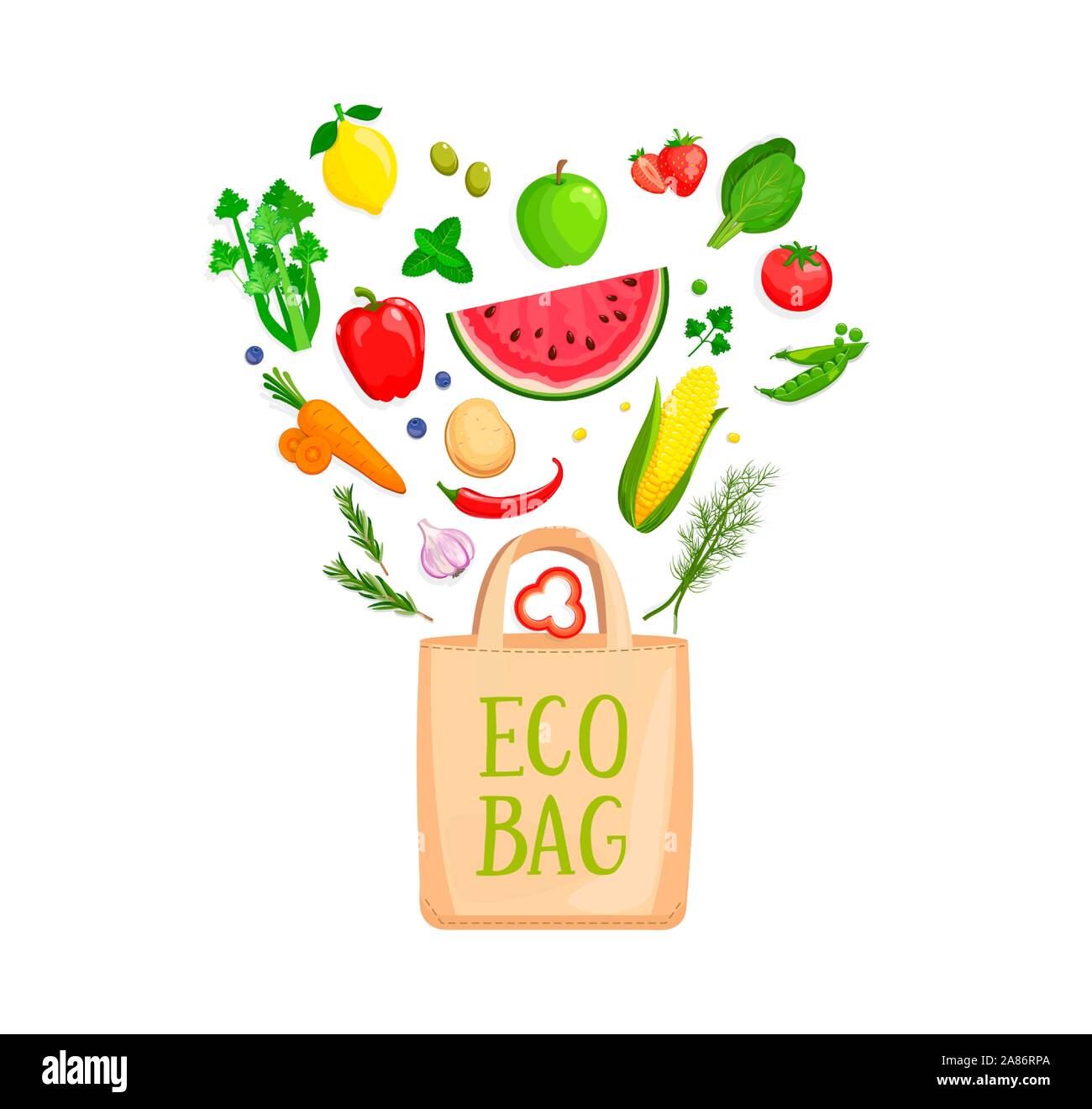 Eco Bag with isolated vegetables and berries. Stock Vector