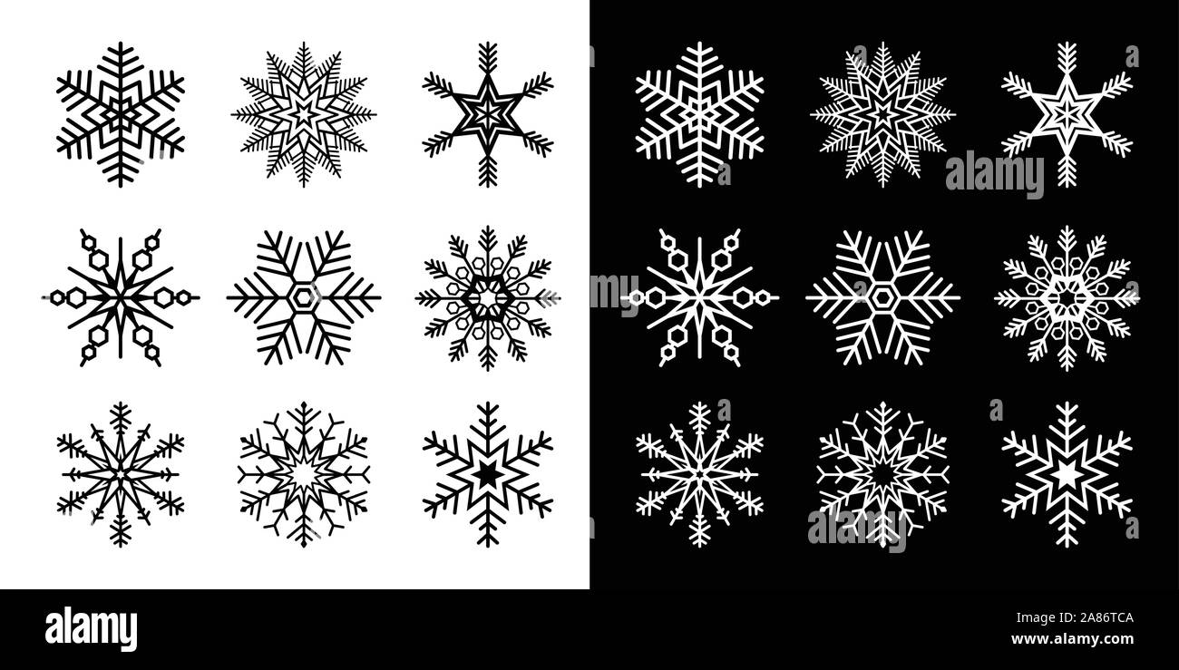 Snowflakes set isolated vector illustration in both black and white versions Stock Vector