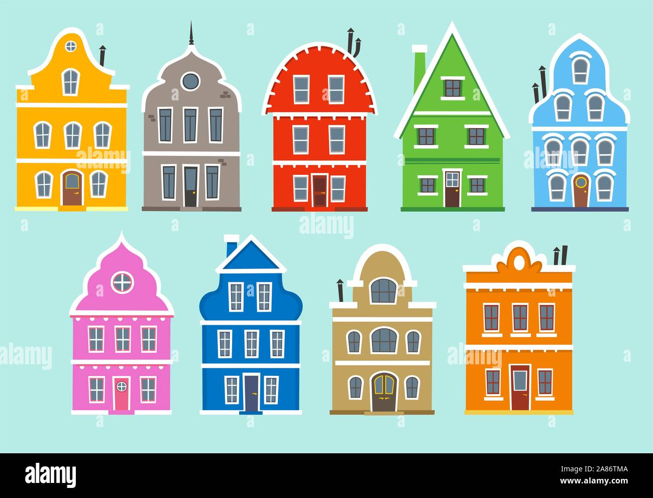 Set of nine colored houses (facades). With Color Apartment House Architectural outbuilding Construction houses vector illustration. Stock Vector