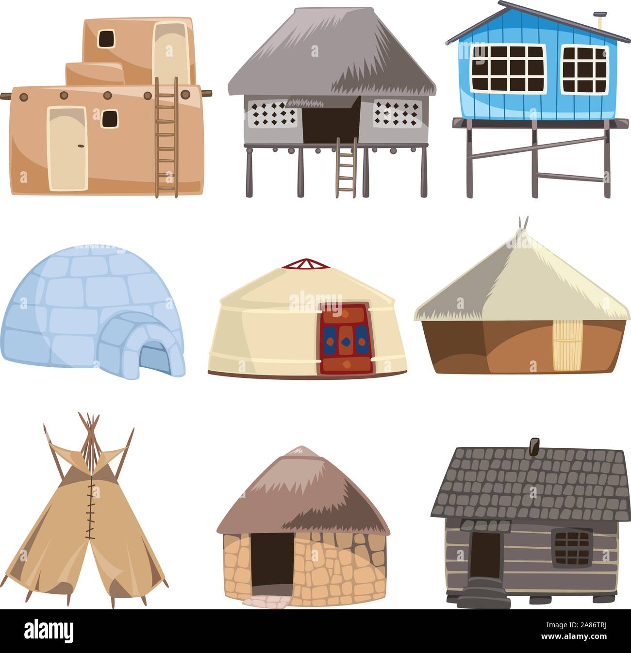 Set of traditional housed. With House, Igloo, Hut, Shack, Slum, Cabinet, Cottage, Cabin, Beach Hut, Gazebo, Tent, stone house, Beach House, Straw, Bun Stock Vector