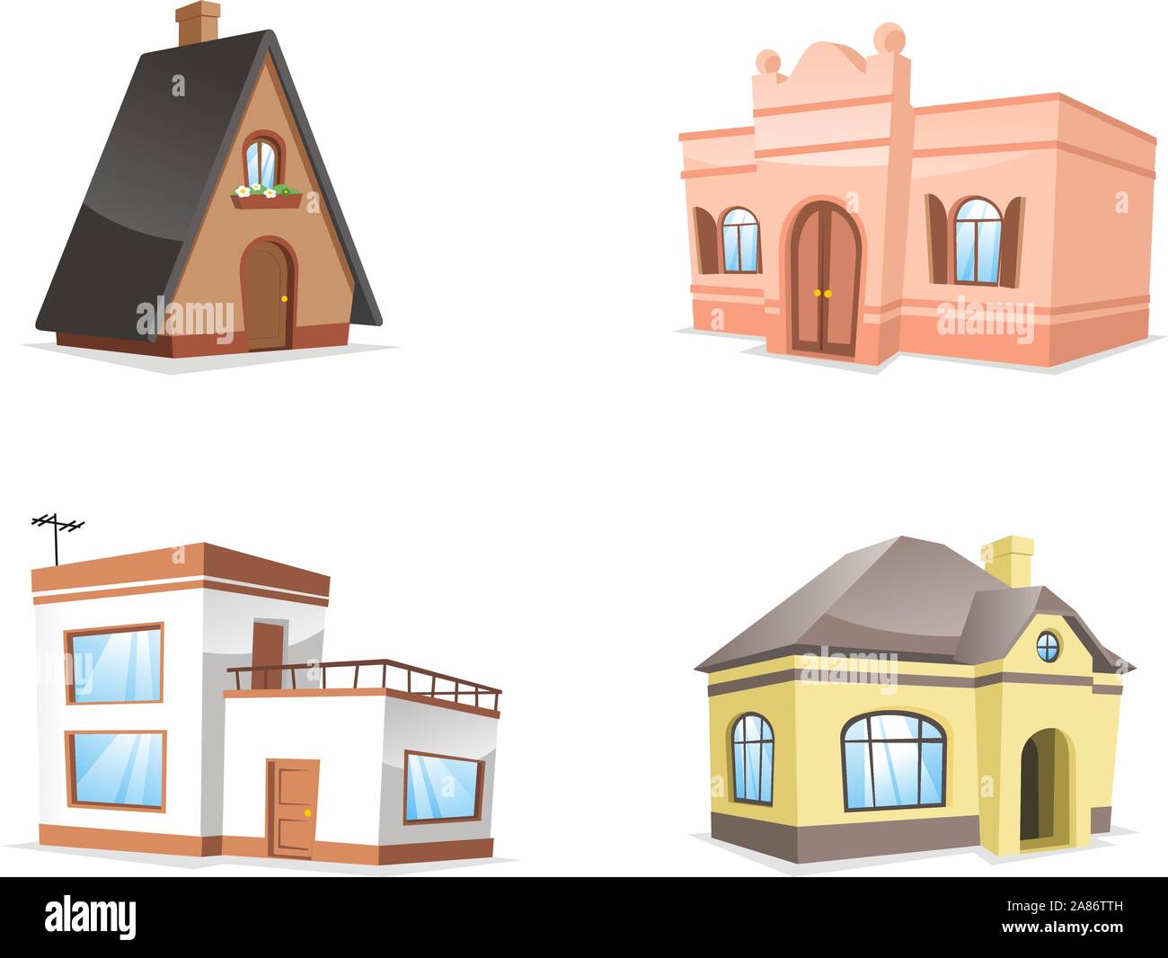 residential house set. with Hotel, Inn, Mansion, Pension, Row House, Farmhouse, House, Roof, Roof Tile vector illustration. Stock Vector