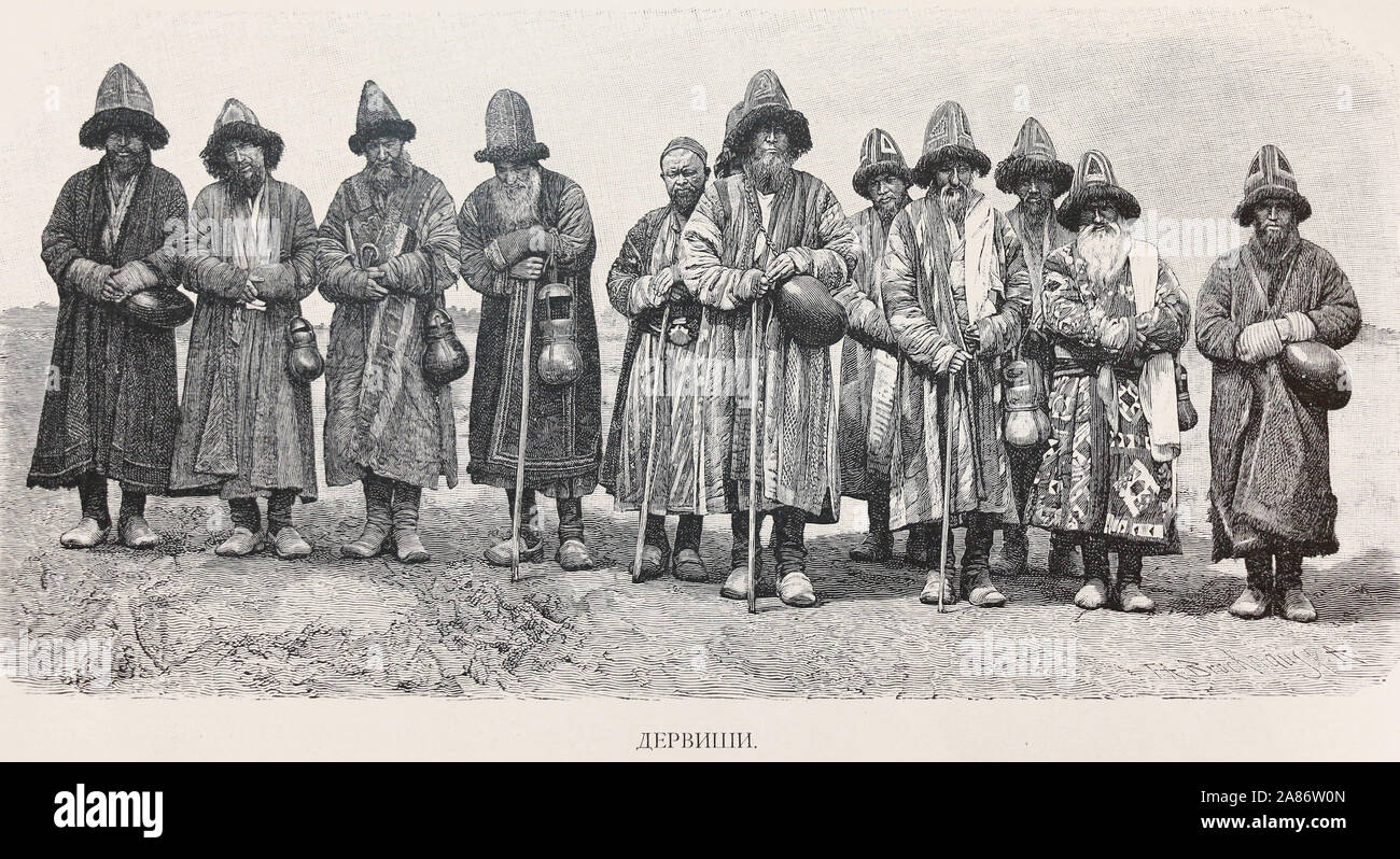 Dervishes in Central Asia. Engraving of the 19th century. Stock Photo