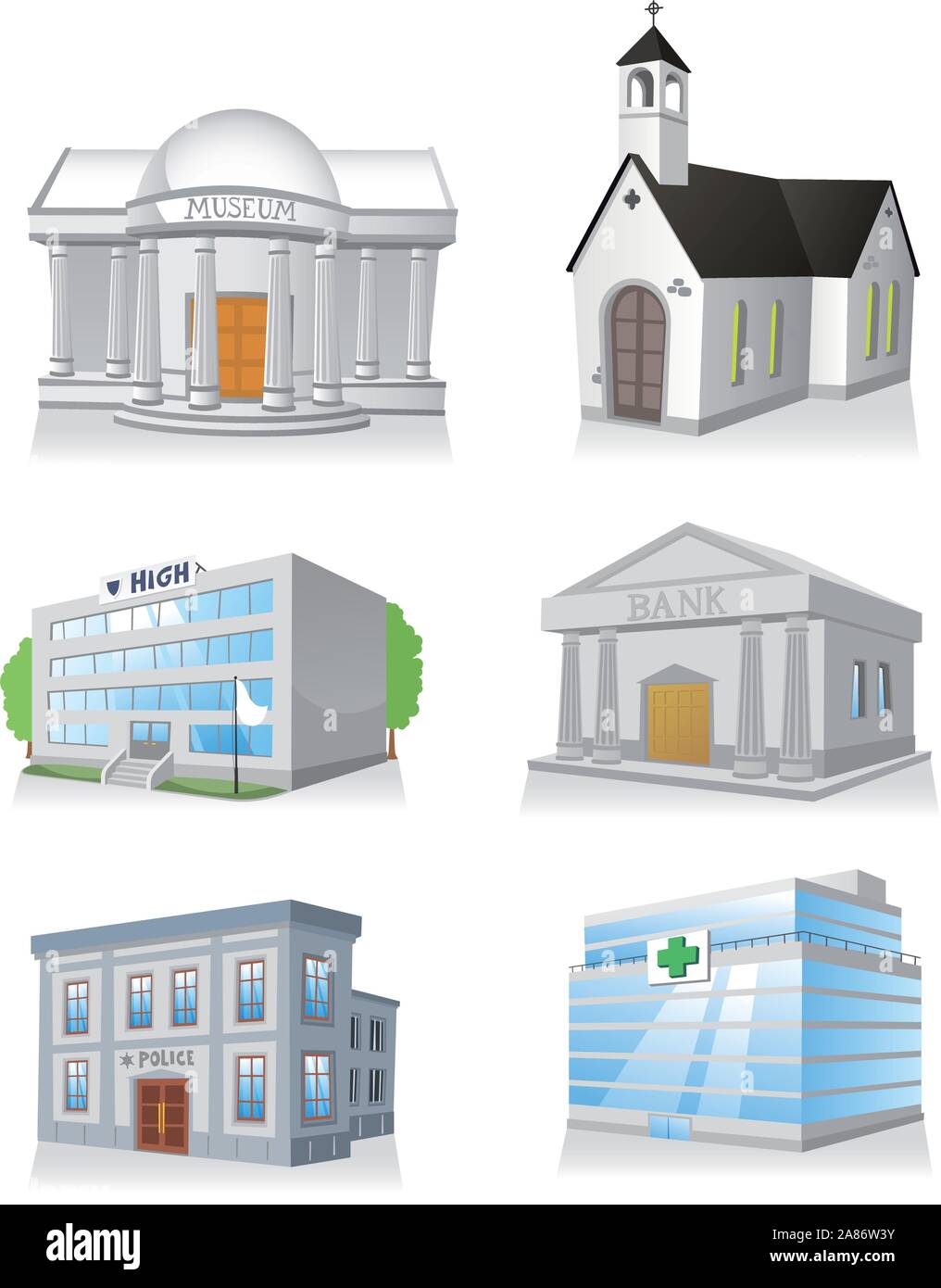 Public building cartoon set 3, church, hospital, police station, museum, high school, bank. Stock Vector