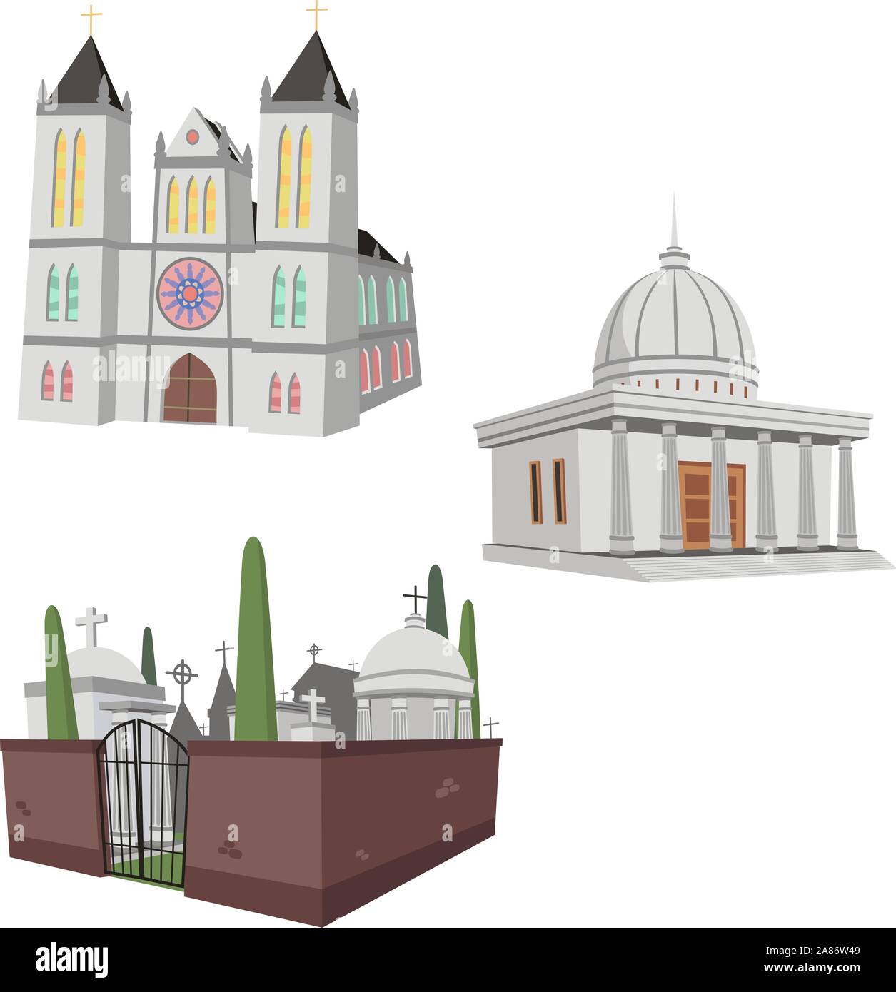 Illustration of 3 public buildings including a cathedral, cemetery and a generic public construction. Stock Vector
