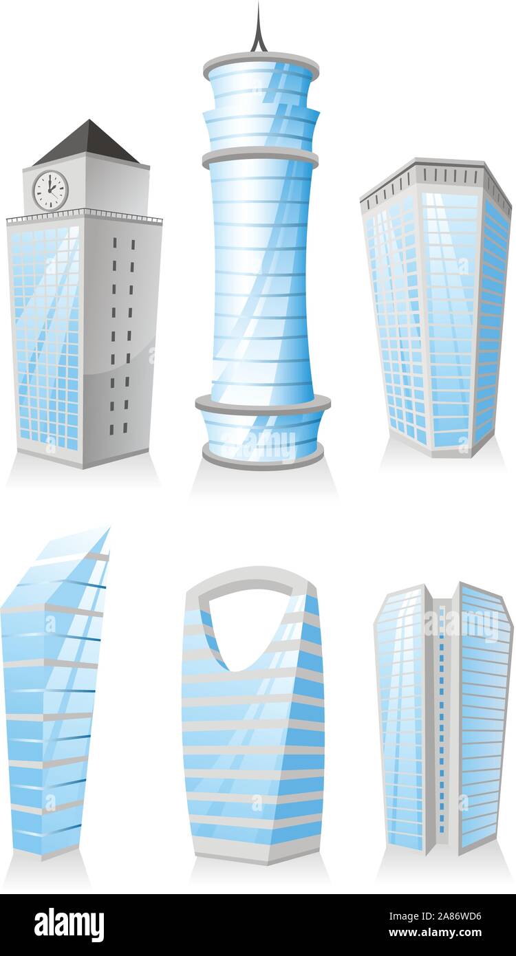 Cartoon Skyscrapers Tower skyscraper apartment penthouse edifice structure set Stock Vector