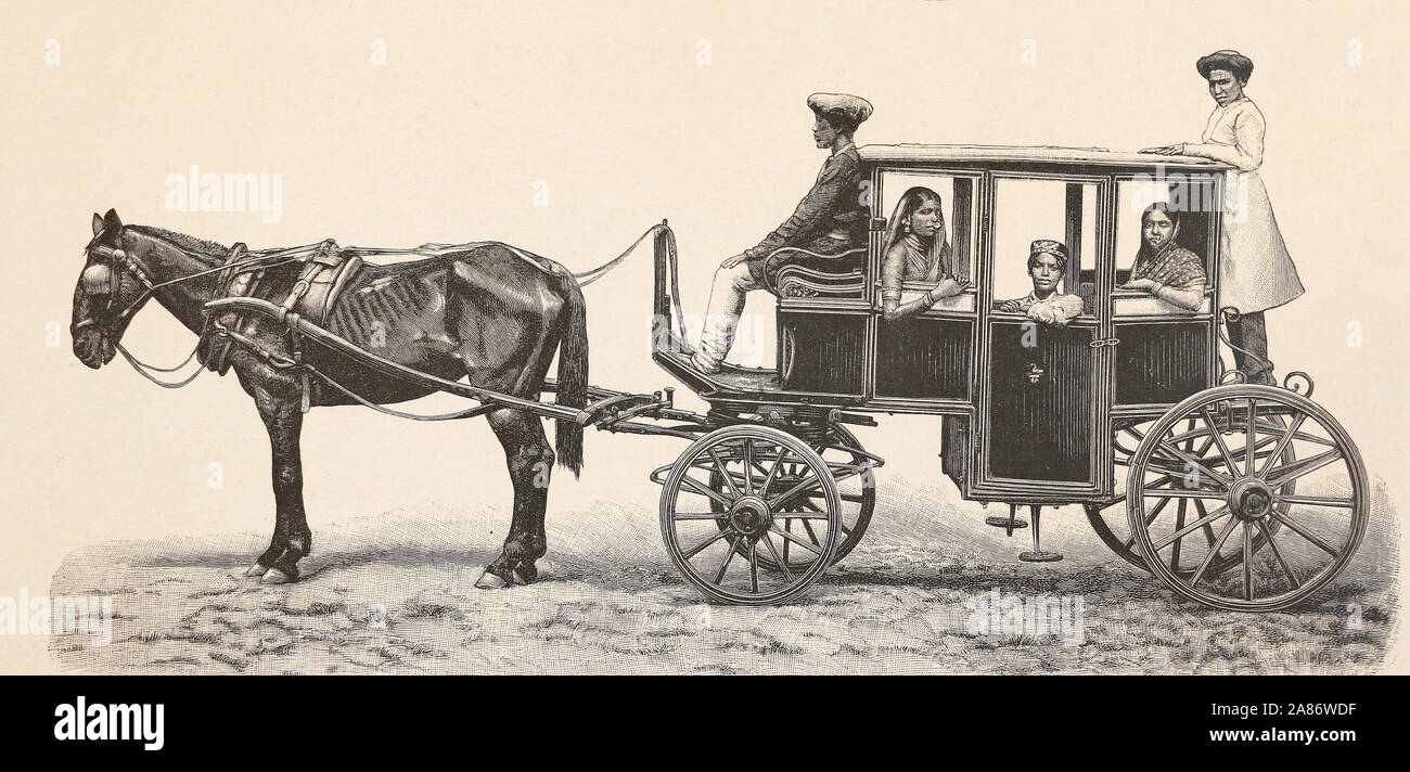 Indian carriage in Bombay (Mumbai, India). Engraving of the 19th century. Stock Photo