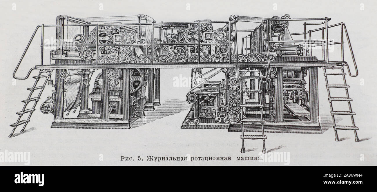 Magazine rotation machine. Engraving of the 19th century. Stock Photo