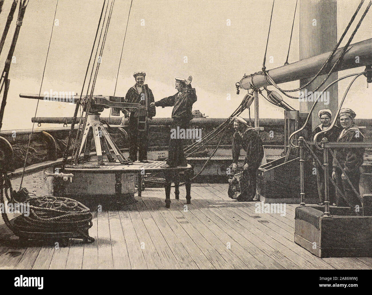 Russian sailors on the ship. Engraving of the 19th century. Stock Photo