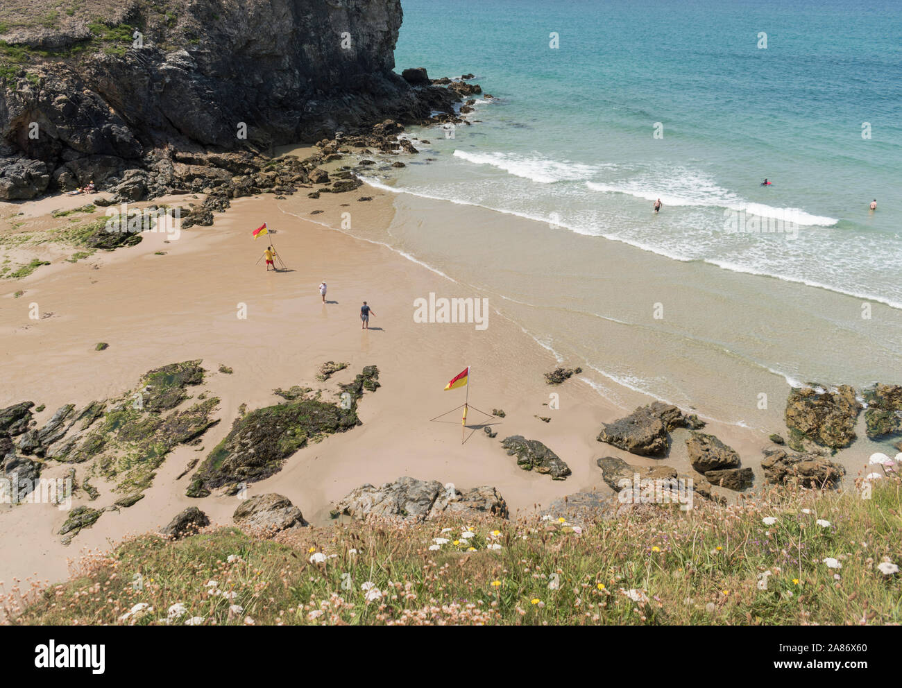 Chapel Porth Beach from the clifftop path above it, Cornwall Stock Photo