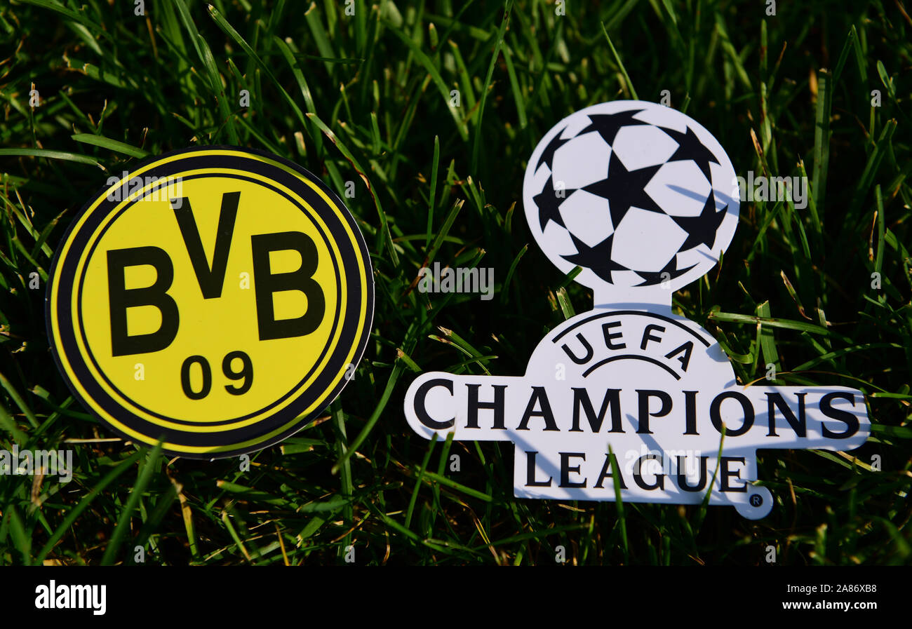 September 6, 2019 Istanbul, Turkey. The emblem of the German football club  Borussia Dortmund next to the logo of the Champions League on the green gra  Stock Photo - Alamy