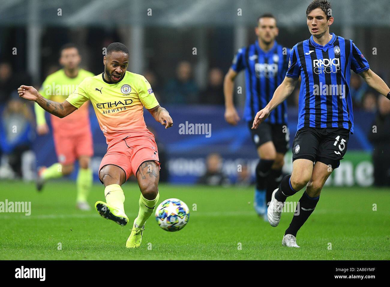 Milan, Italy. 06th Nov, 2019. Raheem Sterling of Manchester City scoring 1-0 during the UEFA Champions League group stage match between Atalanta and Manchester City at Stadio San Siro, Milan, Italy. Photo by Giuseppe Maffia. Editorial use only, license required for commercial use. No use in betting, games or a single club/league/player publications. Credit: UK Sports Pics Ltd/Alamy Live News Stock Photo