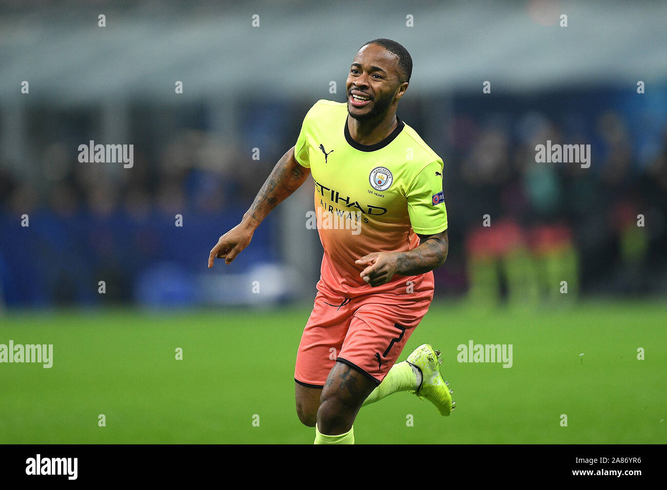 Milan, Italy. 06th Nov, 2019. Raheem Sterling of Manchester City celebrates after scoring 1-0 during the UEFA Champions League group stage match between Atalanta and Manchester City at Stadio San Siro, Milan, Italy. Photo by Giuseppe Maffia. Editorial use only, license required for commercial use. No use in betting, games or a single club/league/player publications. Credit: UK Sports Pics Ltd/Alamy Live News Stock Photo