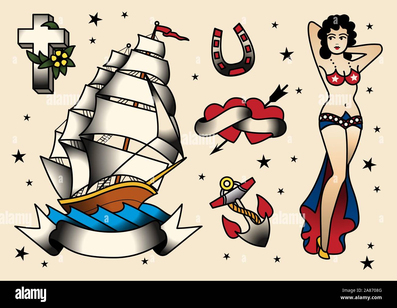 Tattoo Flash Set, Vector Illustration Icon Cartoon. Stock Vector