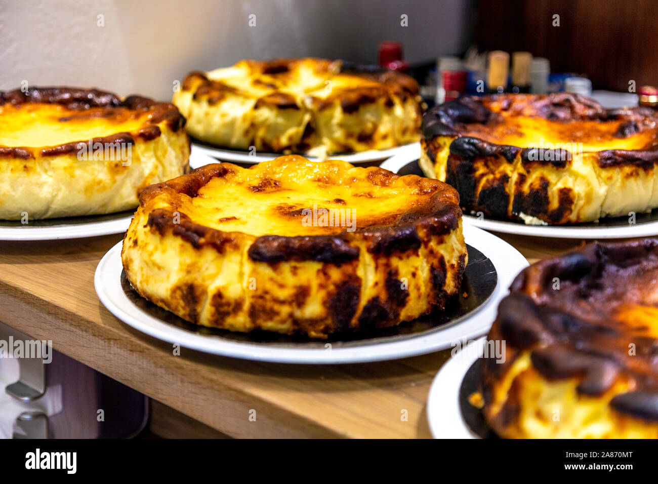 Famous burnt Basque cheesecake at La Viña in San Sebastian, Spain Stock