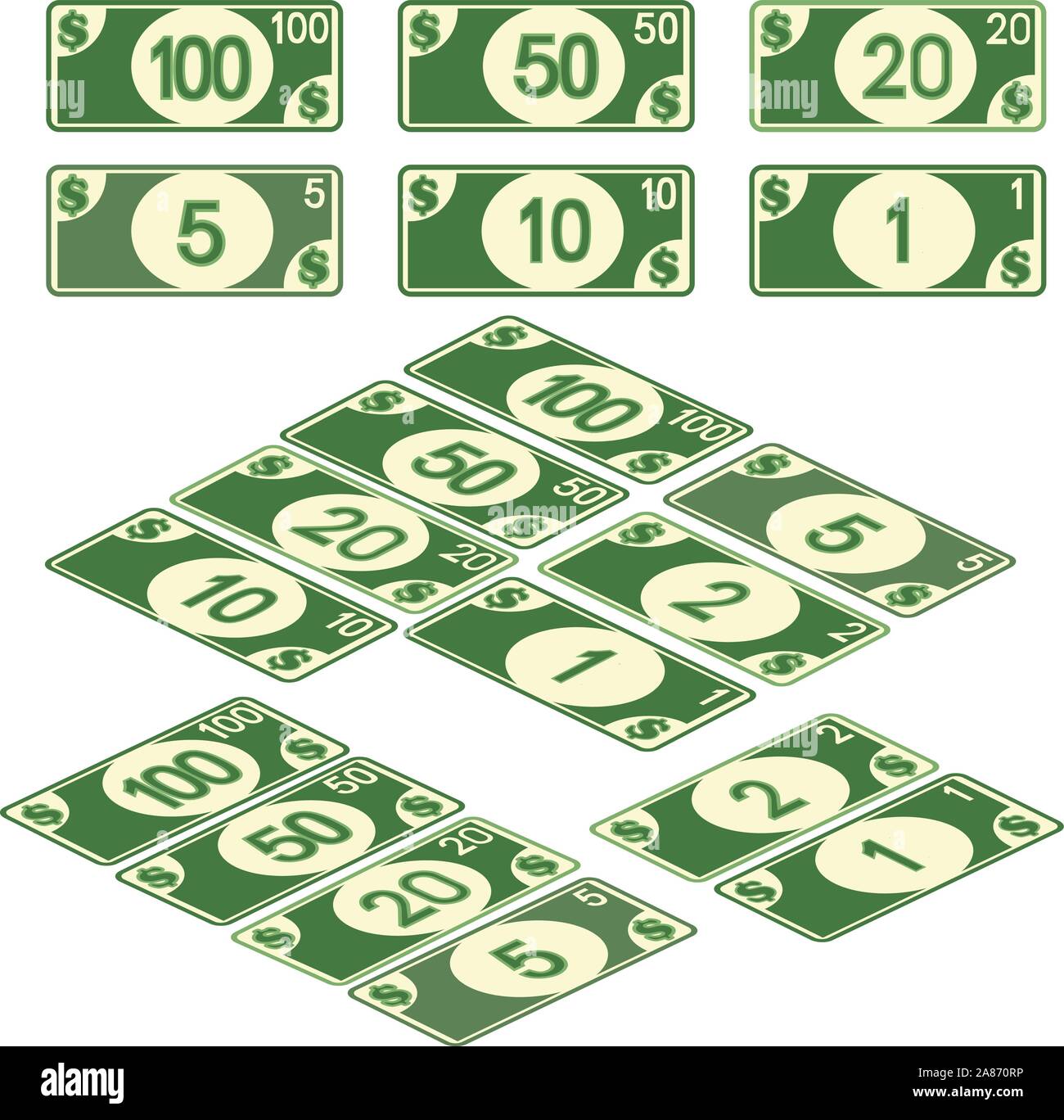 Money, bills 5, 10, 20, 50 & 100, coins 1 & 2 dollars. Full color graphic renderings Stock Vector