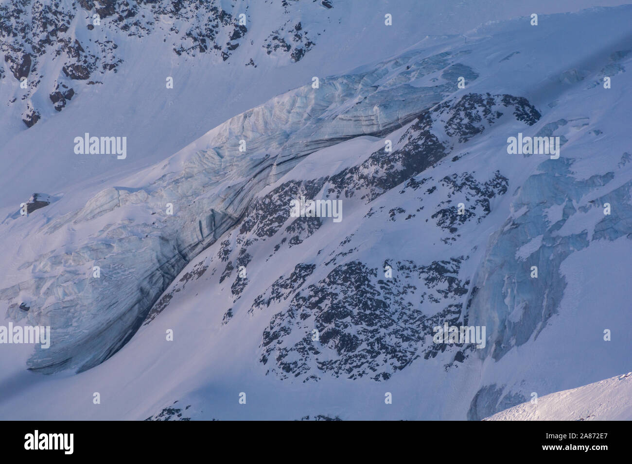 View over the Kaunertal glacier, with its beautiful turquoise color. Stock Photo