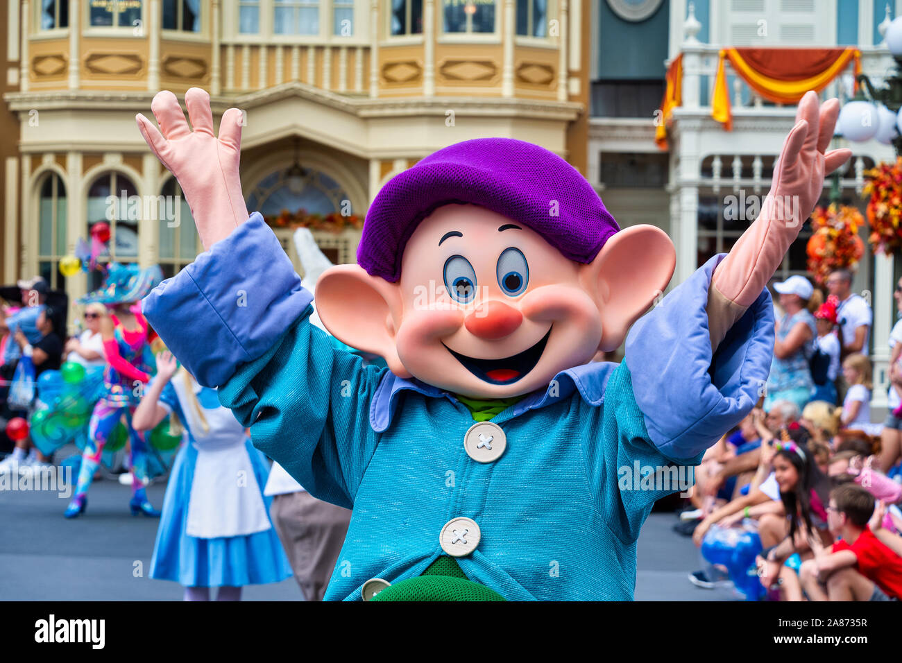 Dopey character from the Festival of Fantasy Parade at the Magic Kingdom Stock Photo