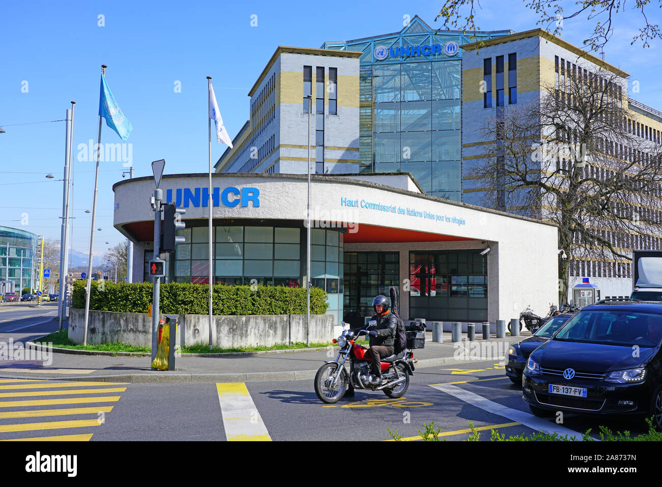 GENEVA, SWITZERLAND -5 APR 2019- Exterior view of the United Nations High Commissioner for Refugees (UNHCR), an international organization located in Stock Photo