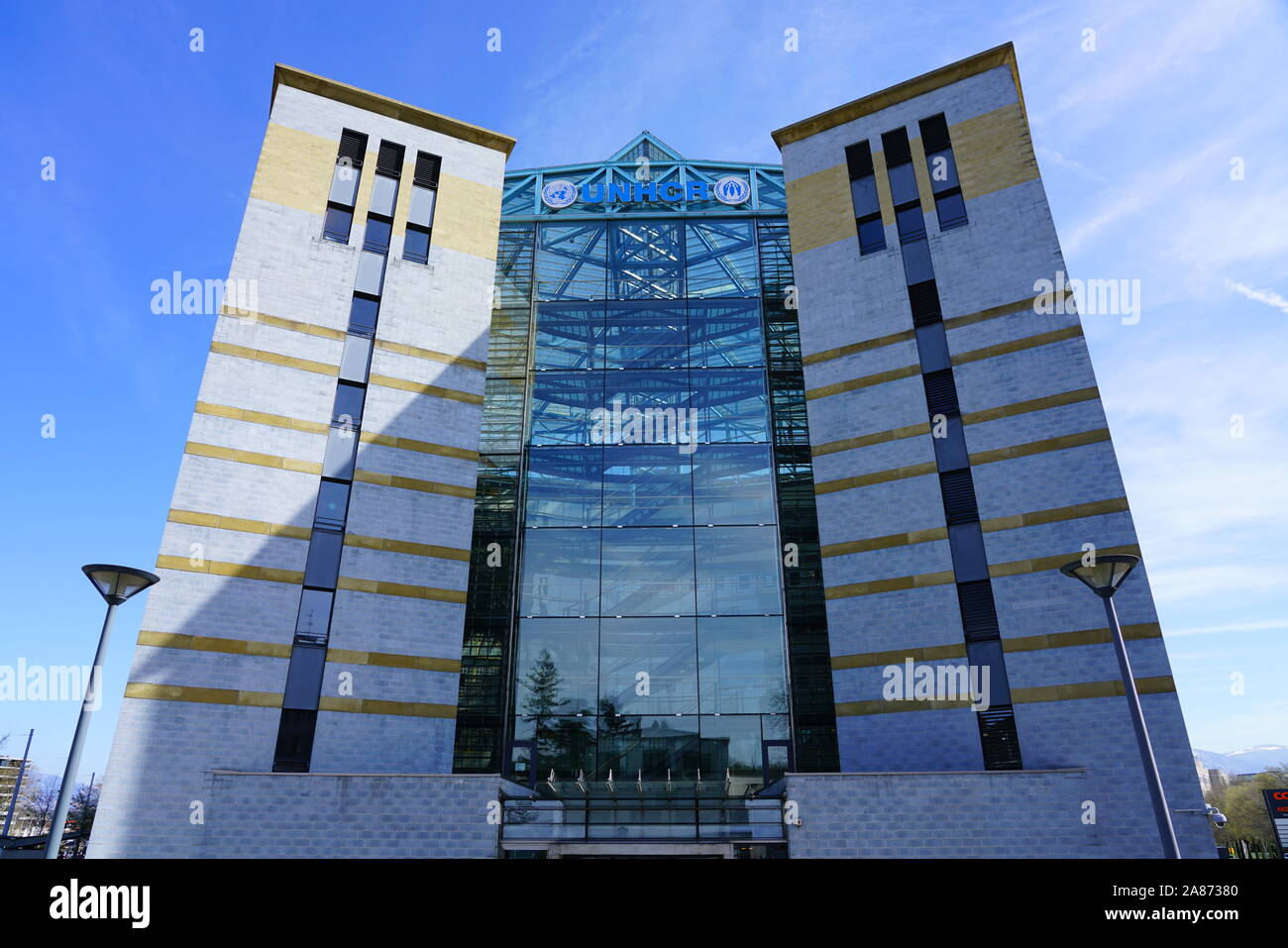 GENEVA, SWITZERLAND -5 APR 2019- Exterior view of the United Nations High Commissioner for Refugees (UNHCR), an international organization located in Stock Photo