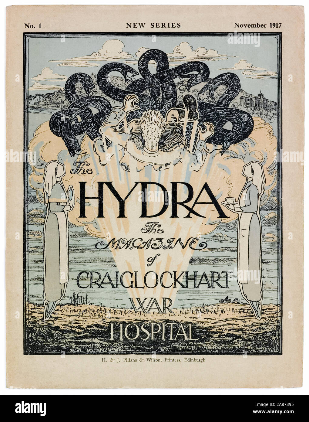 ‘The Hydra – The Magazine of Craiglockhart War Hospital’ front cover of Issue No. 1 Series 2 November 1917 featuring an illustration of a many headed serpent attacking a man flanked by 2 nurses over a battlefield. The magazine was produced by patients of ‘The Hydropathic’ hospital which was a military psychiatric hospital for the treatment of officers suffering from shell-shock between 1916-1919. Famous patients and contributors to the magazine included the war poets Siegfried Sassoon (1886-1967) and Wilfred Owen (1893-1918). Stock Photo