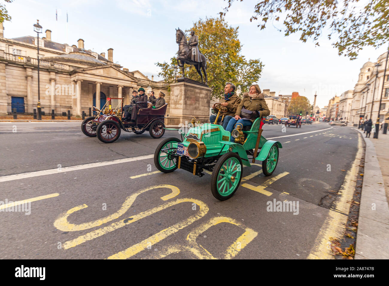 1904 Pope-Tribune vintage car driven through Westminster at the start of the London to Brighton veteran car run in November 2019. Whitehall Stock Photo