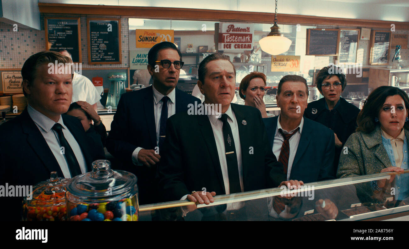 RELEASE DATE: September 27, 2019 TITLE: The Irishman STUDIO: STX Entertainment DIRECTOR: Martin Scorsese PLOT: A mob hitman recalls his possible involvement with the slaying of Jimmy Hoffa. STARRING: (From l to r) During a break in the trial of Jimmy Hoffa, JESSE PLEMONS as Chuckie O'Brien, RAY ROMANO as Bill Bufalino, ROBERT DE NIRO as Frank Sheeran, AL PACINO as Hoffa are shocked at the news of JFKs assassination. . (Credit Image: © STX Entertainment/Entertainment Pictures) Stock Photo