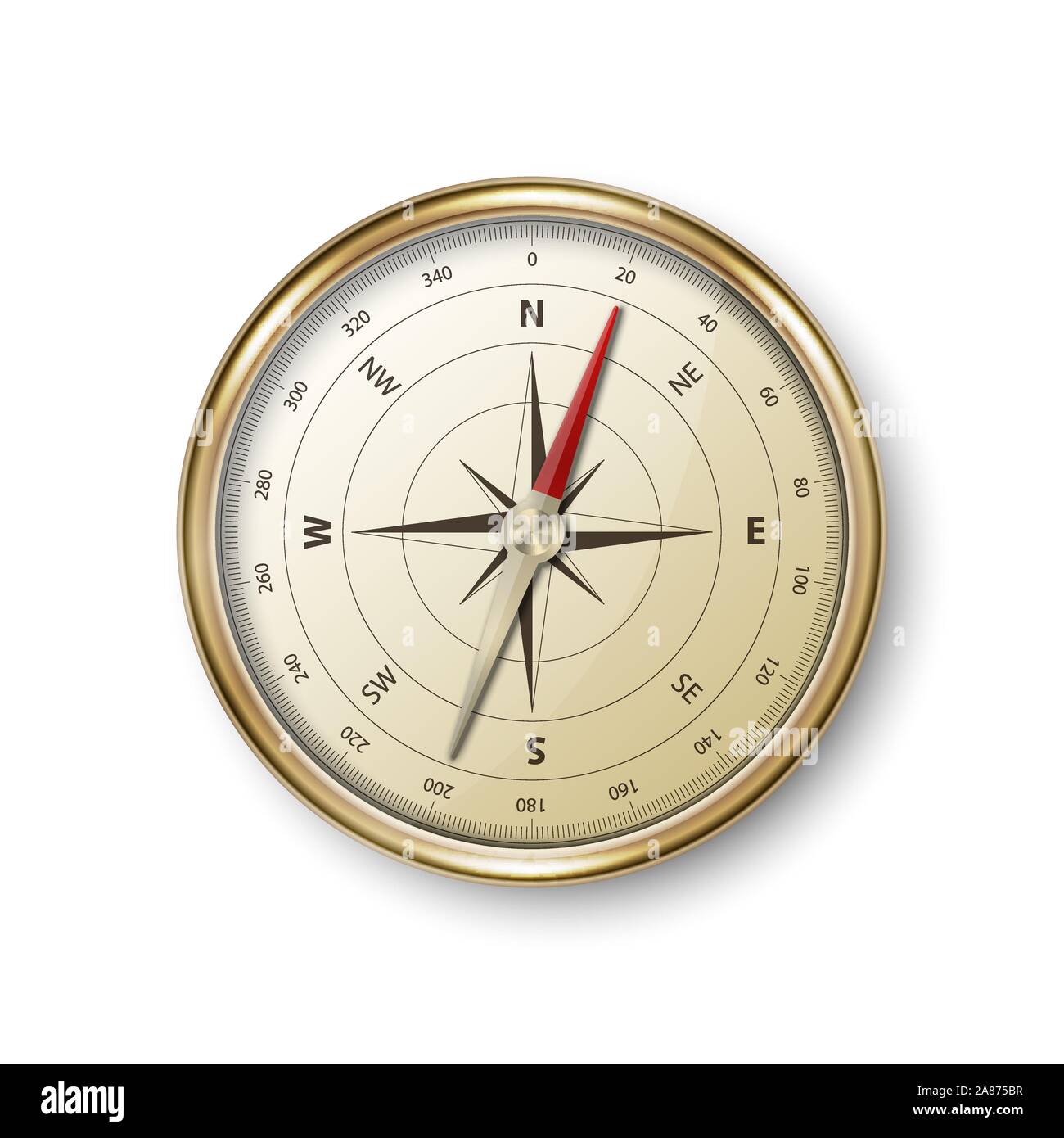 Vector 3d Realistic Metal Golden Antique Old Vintage Compass with Windrose Icon Closeup Isolated on White Background. Design Template. Travel Stock Vector