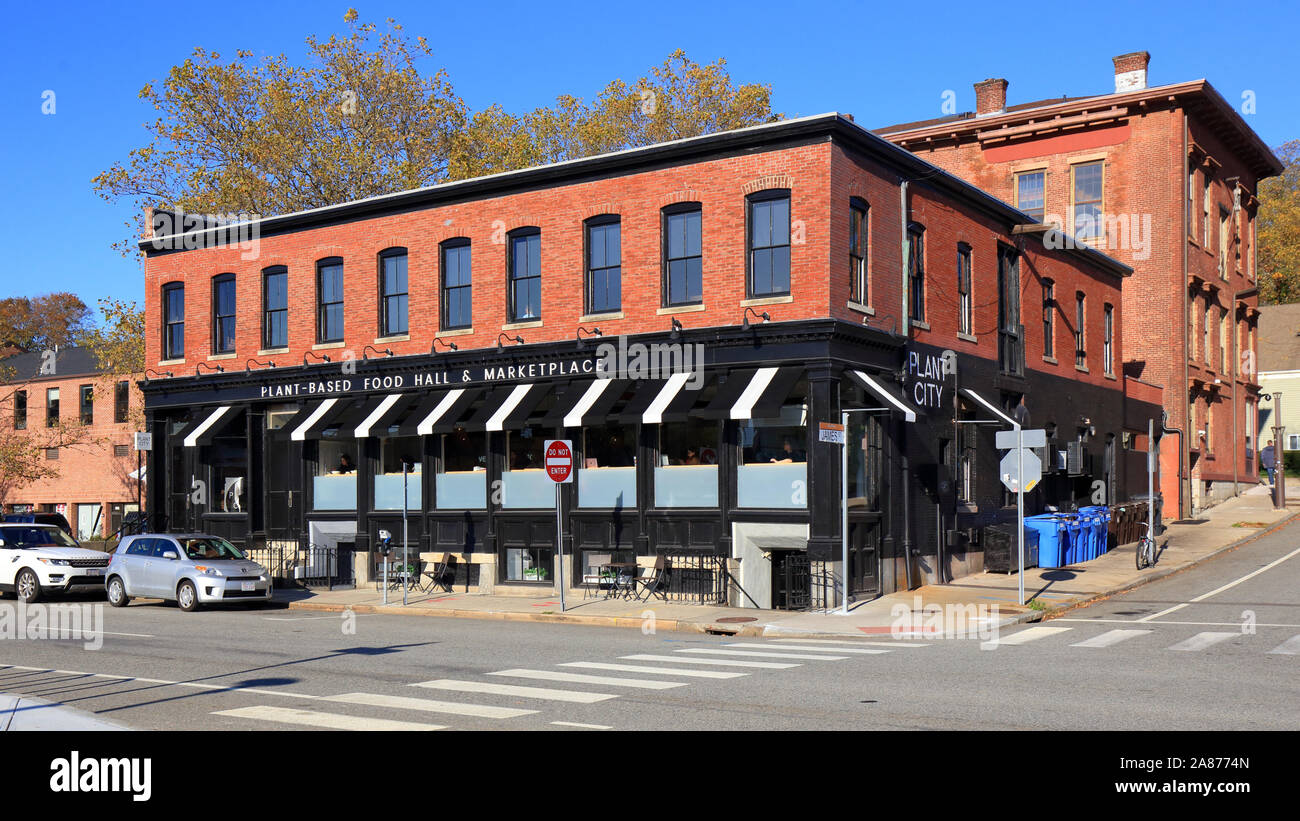 Plant City, 334 South Water Street, Providence, Rhode Island. exterior of a vegan food hall in Fox Point. Stock Photo