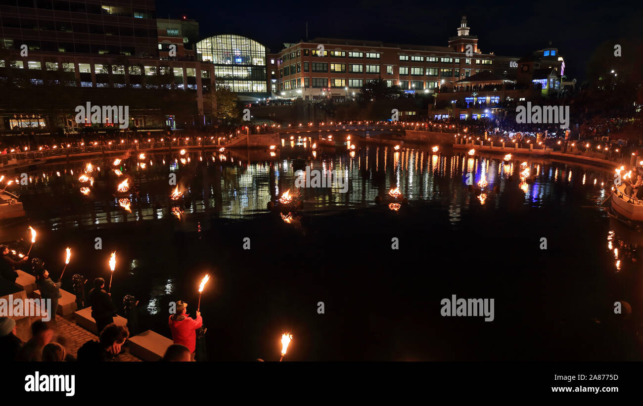 WaterFire sculpture and performance art at Waterfront Park, Providence, Rhode Island (November 2, 2019) Stock Photo