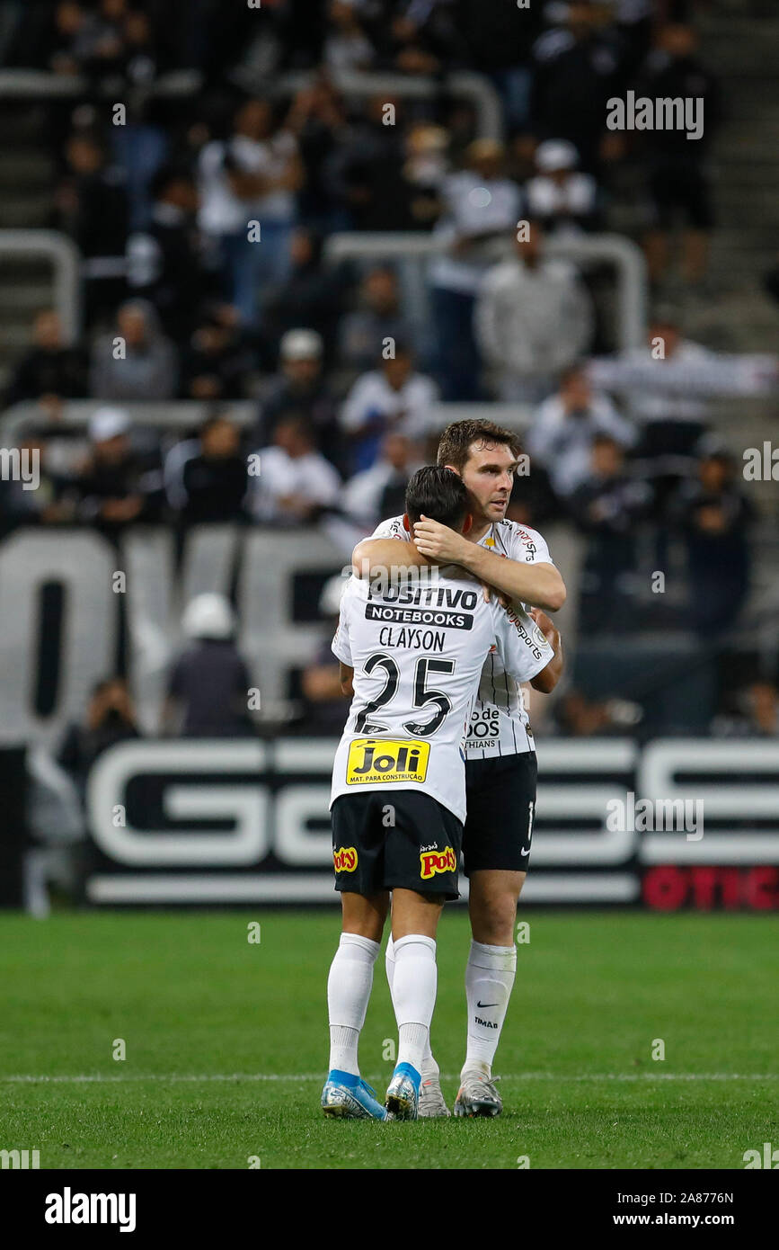 Boselli celebrate your goal, the third goal of Corinthians during the game between Corinthians and Fortaleza for the 31th round of the Brazilian league, known locally as Campeonato Brasiliero. The game took place at the Arena Corinthians in Sao Paulo, Brazil. Stock Photo