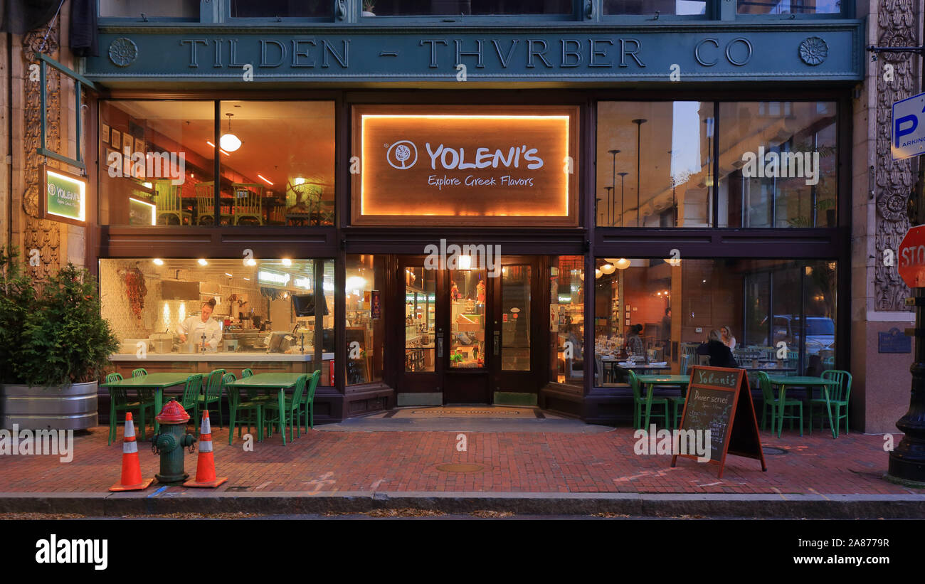 Yoleni’s Providence, 292 Westminster Street, Providence, Rhode Island. exterior storefront of a greek restaurant, and sidewalk cafe in Downcity. Stock Photo