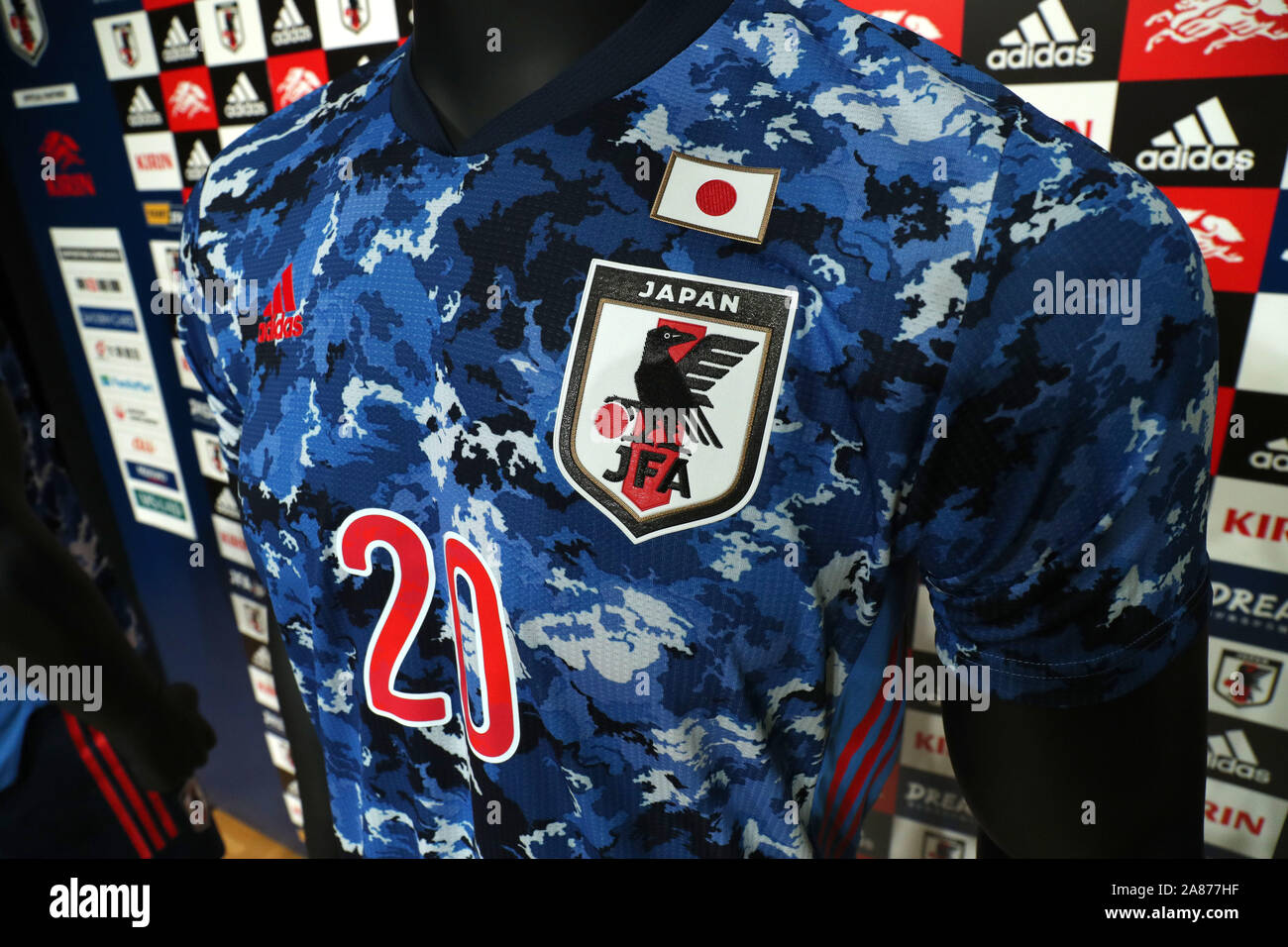 Tokyo, Japan. 6th Nov, 2019. A general view of the jersey during the  presentation of the Japan national soccer team's new kit for 2020 at JFA  House in Tokyo, Japan, November 6,