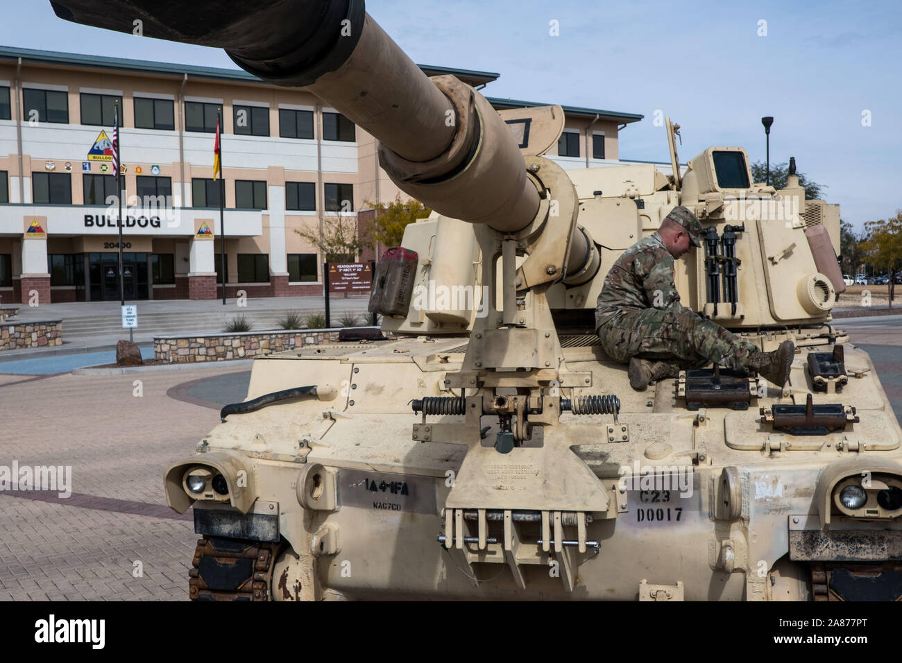 El Paso, Texas, USA. 6th Nov, 2019. SPC. CORY RITCH of the 3rd Armored Brigade Combat Team, 1st Armored Division, sits on a tank on display during the celebration of Torch Week at Fort Bliss in El Paso, Texas. The celebration commemorates the United States' invasion of North Africa during Operation Torch on November 8 through November 16, 1942 during World War II. Credit: Joel Angel Juarez/ZUMA Wire/Alamy Live News Stock Photo