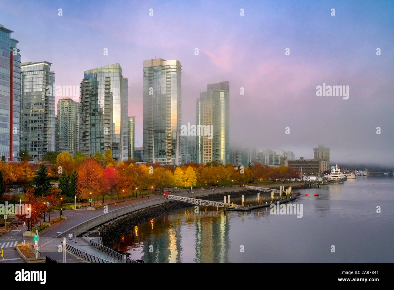 Fall colour, Coal Harbour skyline, Vancouver, British Columbia, Canada Stock Photo