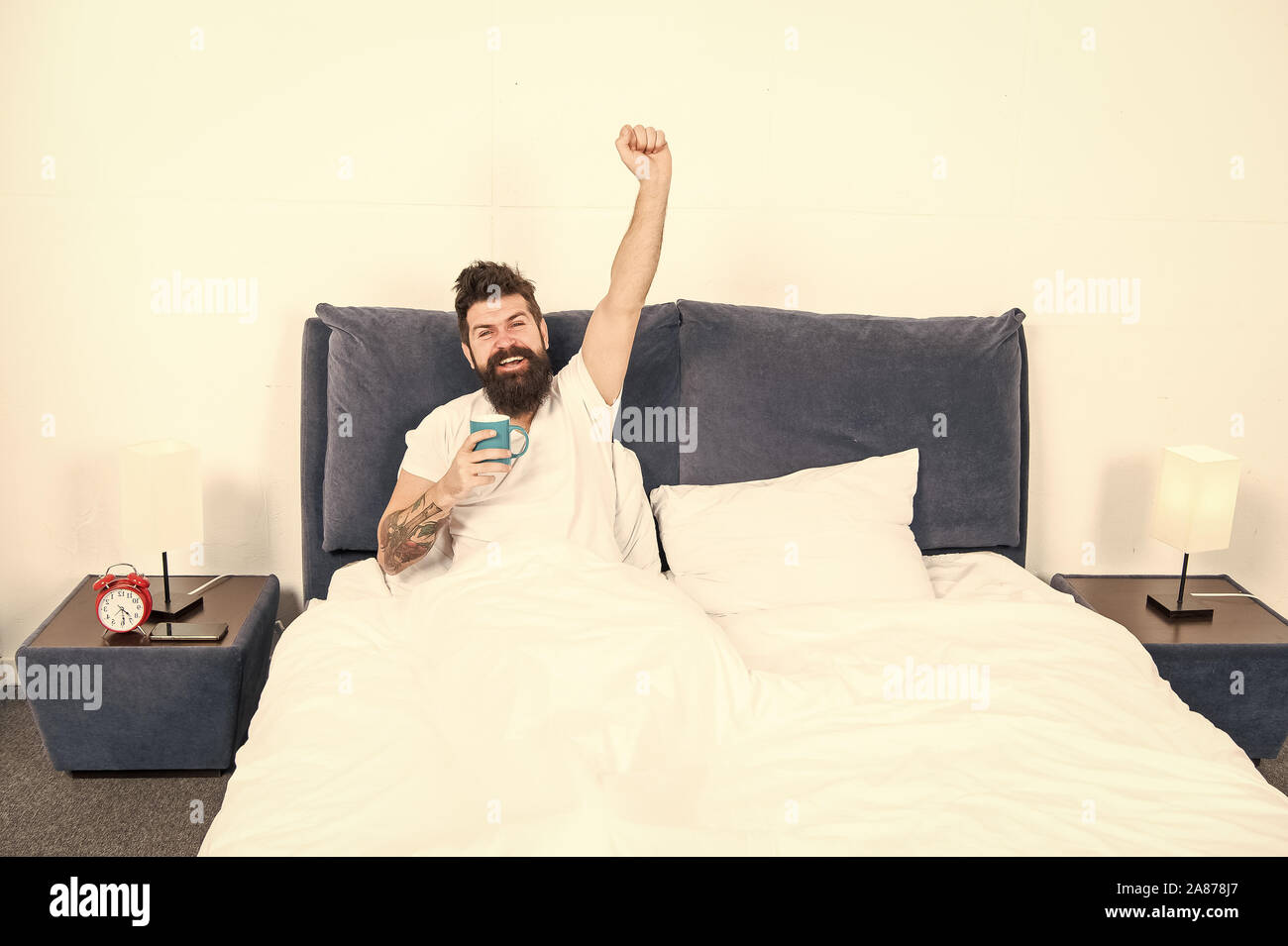 Man Brutal Handsome Hipster Relaxing Bedroom Drink Coffee