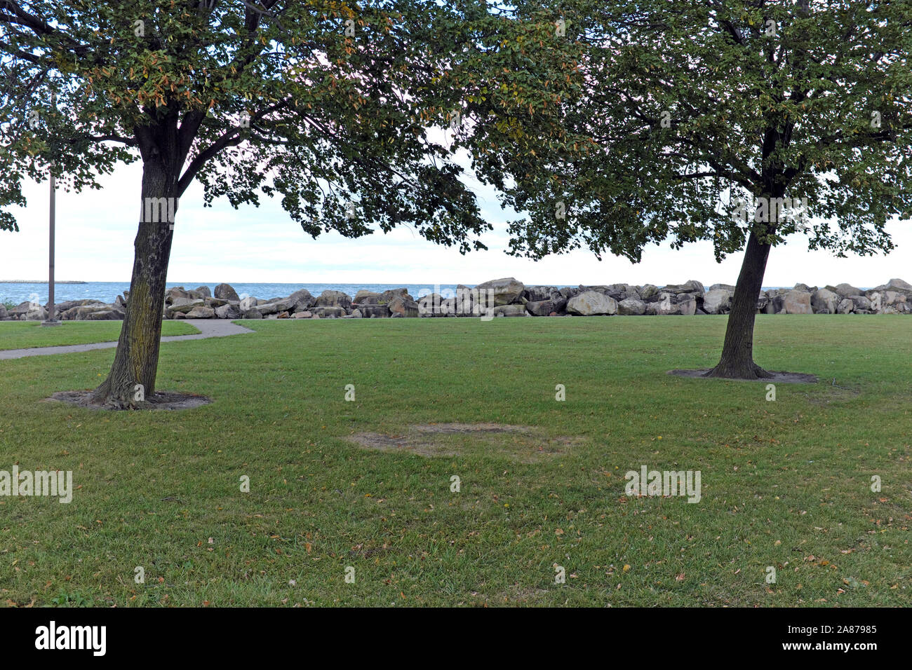 Lake Erie waterfront public park during the fall in Cleveland, Ohio, USA. Stock Photo
