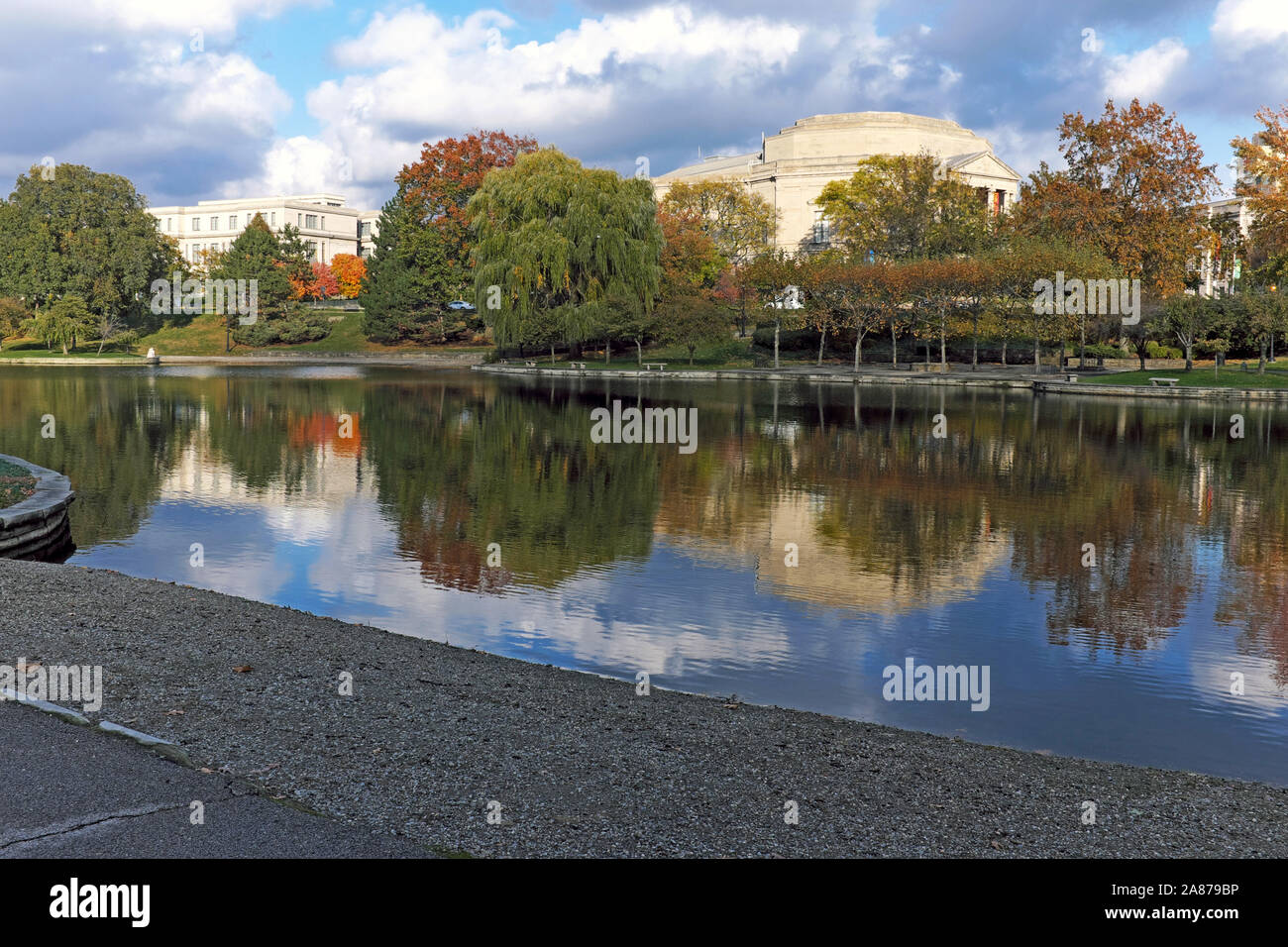 The serene scenic Wade Park lagoon during the fall is an urban oasis in Cleveland, Ohio, USA. Stock Photo