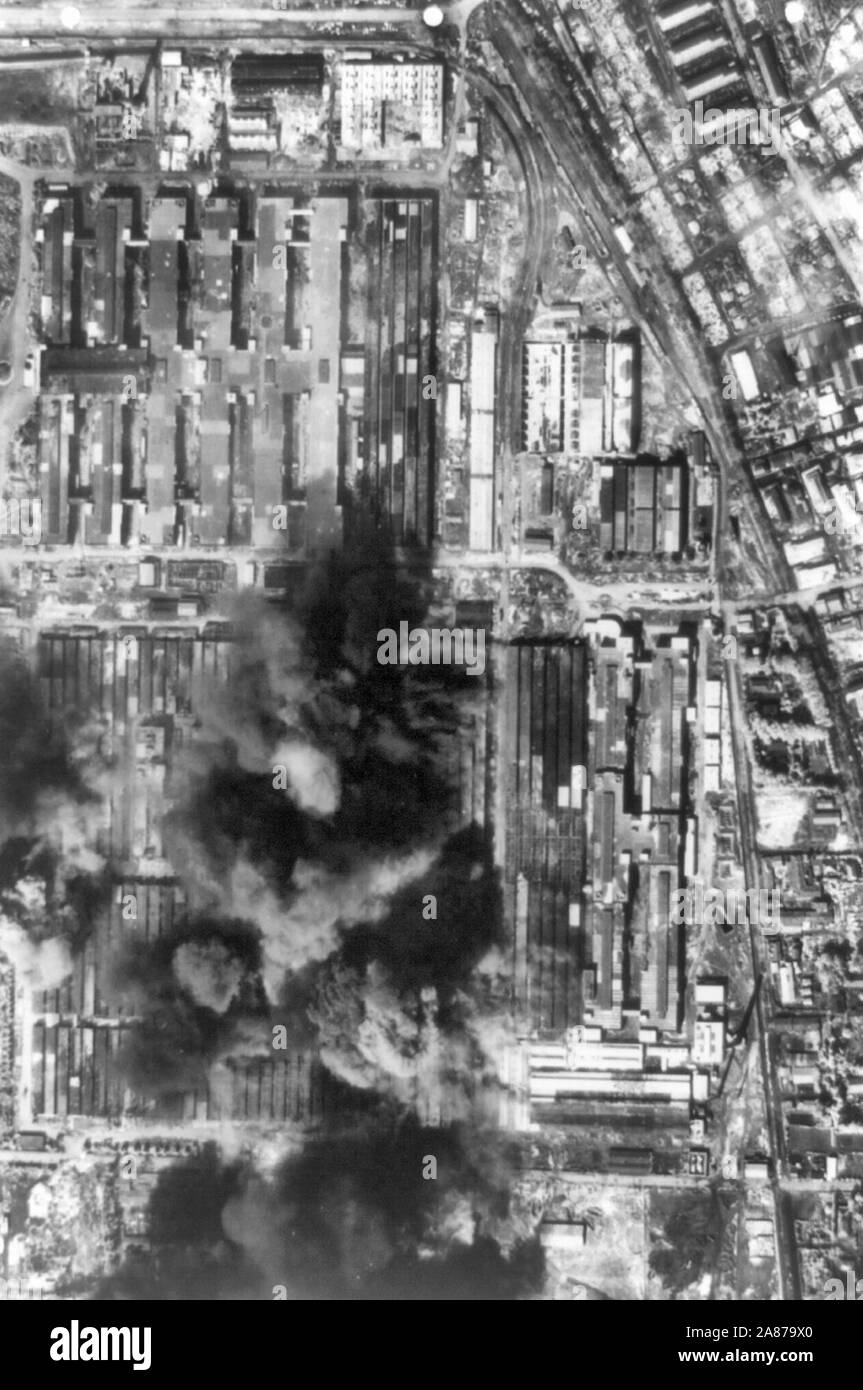 Aerial photo of bombing of Nakajima Aircraft Engine Plant, Musashino, Japan (Tokyo area) by U.S. 20th Air Force operations Stock Photo