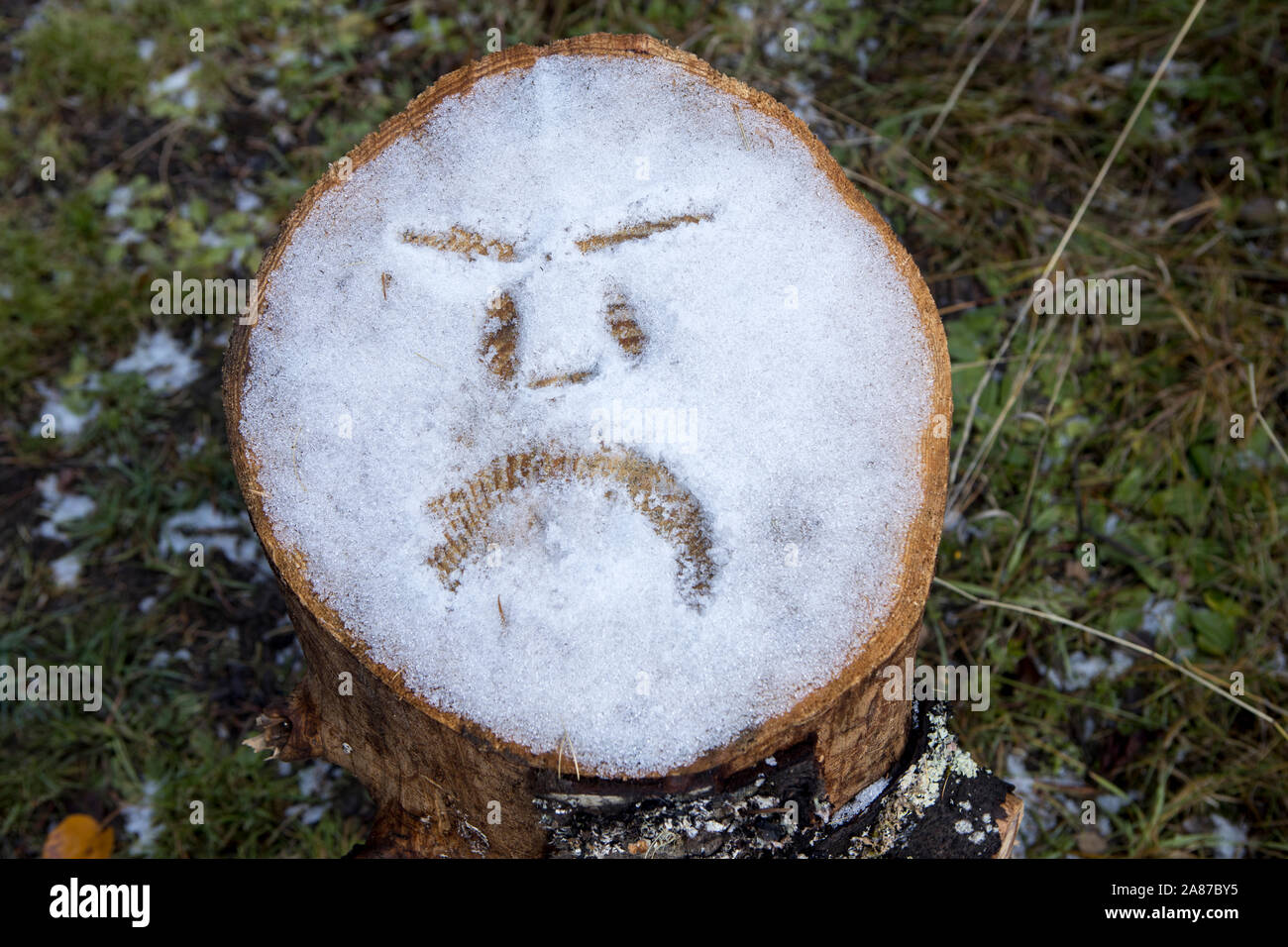 An abstract shot of an angry face drawn in the snow on a tree stump in north Idaho. Stock Photo