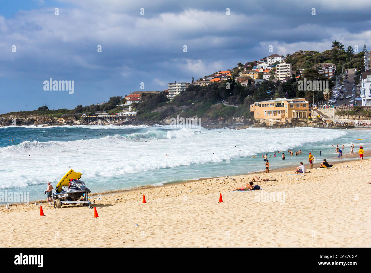 Coogee Beach, Australia - March 16th 2013: Waves on the beach on a stormy day. This is one of Sydneys most popular beaches. Stock Photo