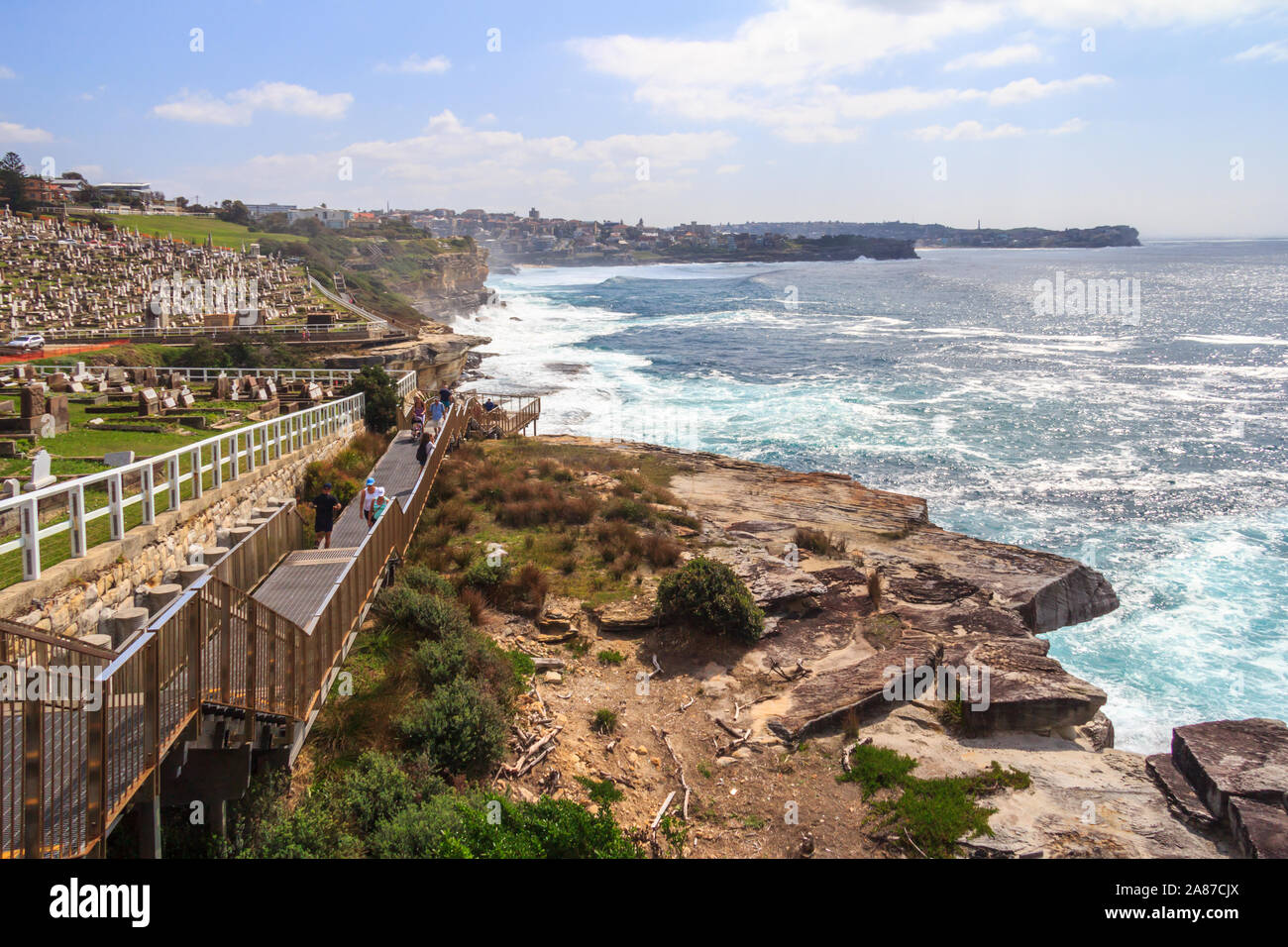 Sydney, Australia - March 16th 2013: People walking the coastal path alongside Waverley cemetery. The path runs from Coogee to Bondi. Stock Photo