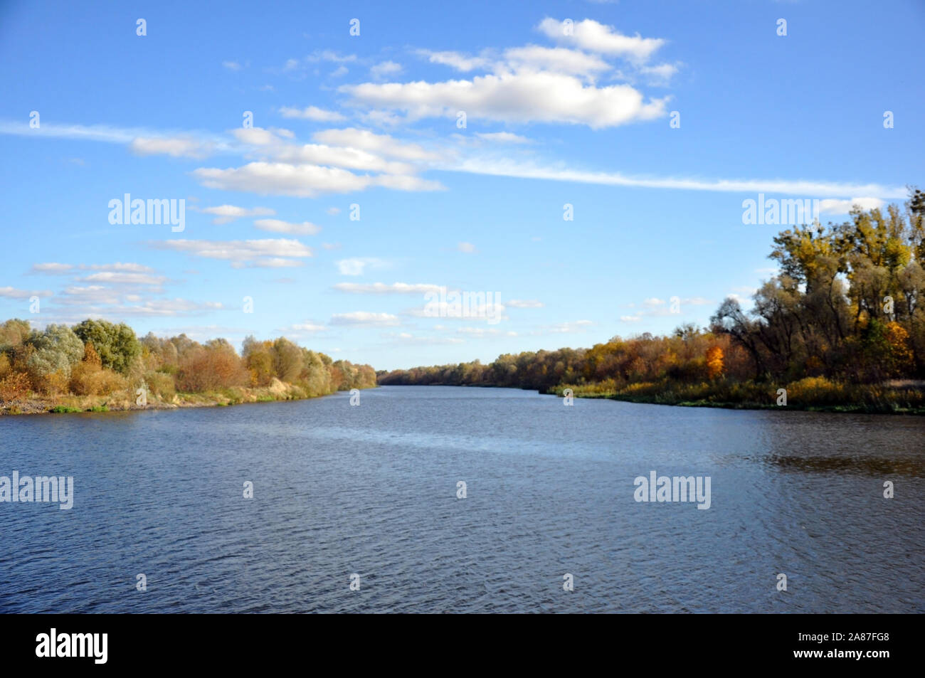 Pripyat River, Europe, Belarus. Autumn river landscape. Plain floodplain forests Stock Photo