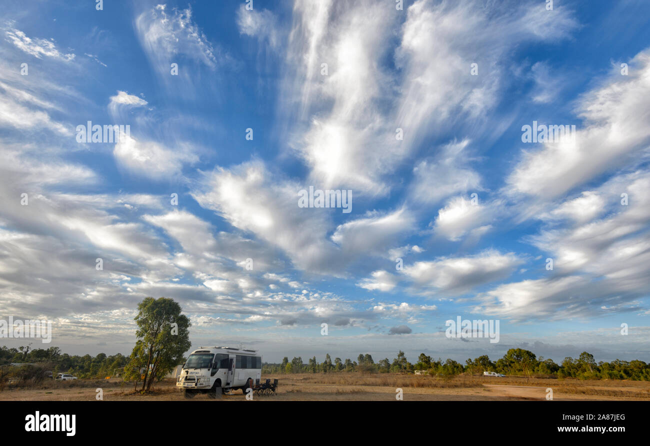 Camping under big skies and amazing Cirrostratus Cloud formations near Charters Towers, Queensland, QLD, Australia Stock Photo