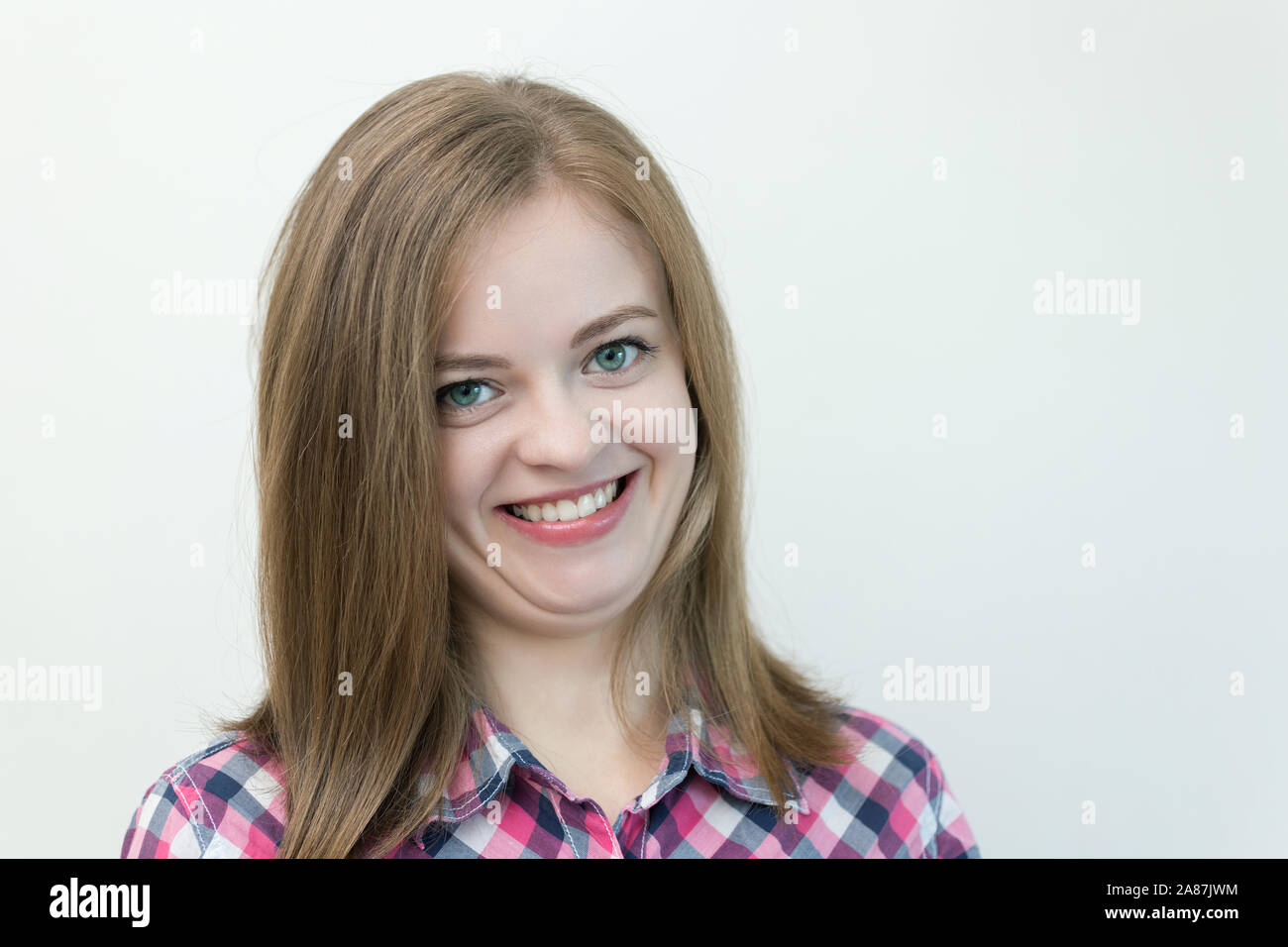 Young chubby caucasian woman girl with double chin Stock Photo