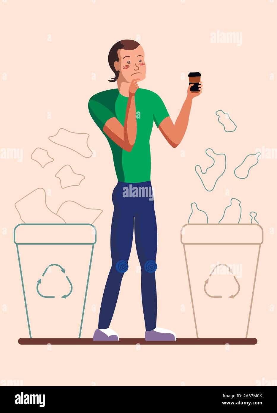 An eco-friendly person decides where to throw a disposable coffee cup. Behind it are two containers for paper and plastic. Cartoon male character. Eco Stock Vector