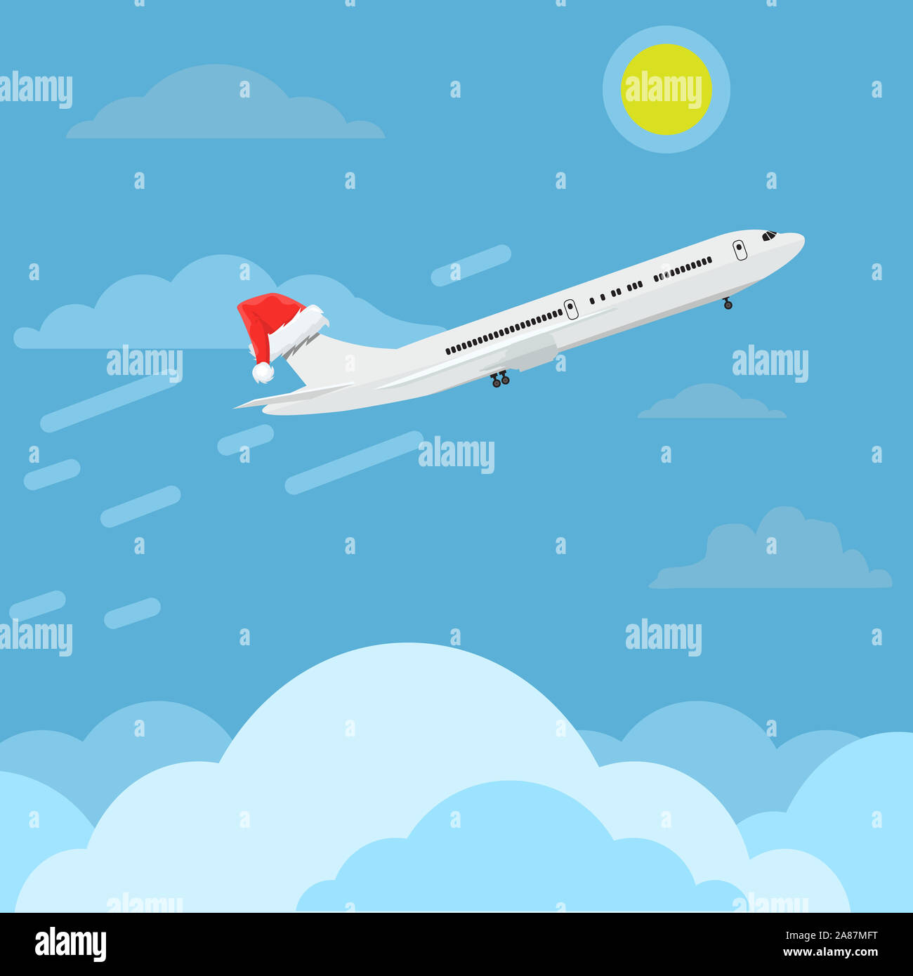 Airplane with santa claus cap or hat flying in sky. Travel and christmas concept ads design. illustration. Stock Photo
