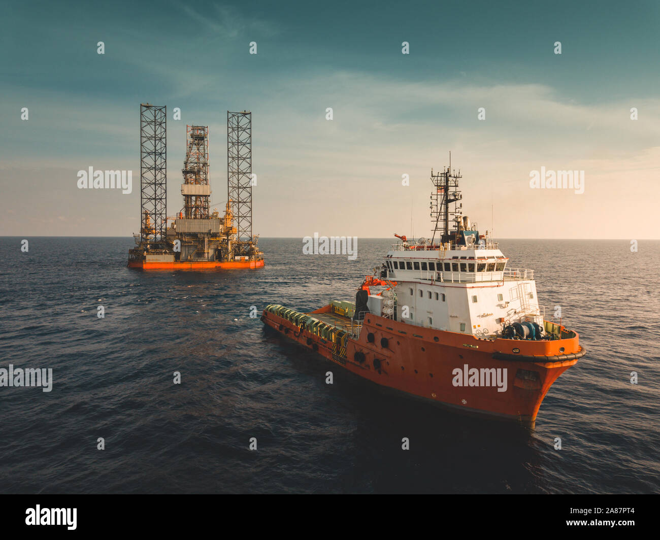 Anchor Handling and Towing vessel engaged in towing operation. Moving