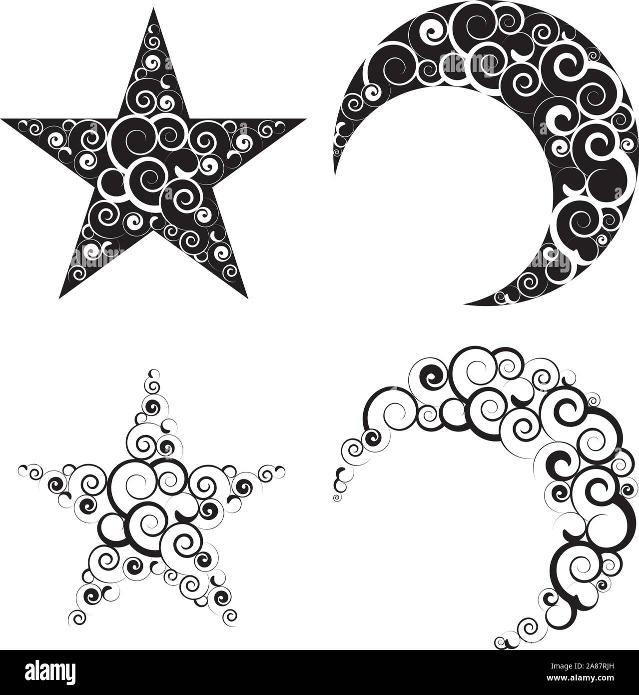 Decorative crescent moon and star made with swirls Stock Vector Image
