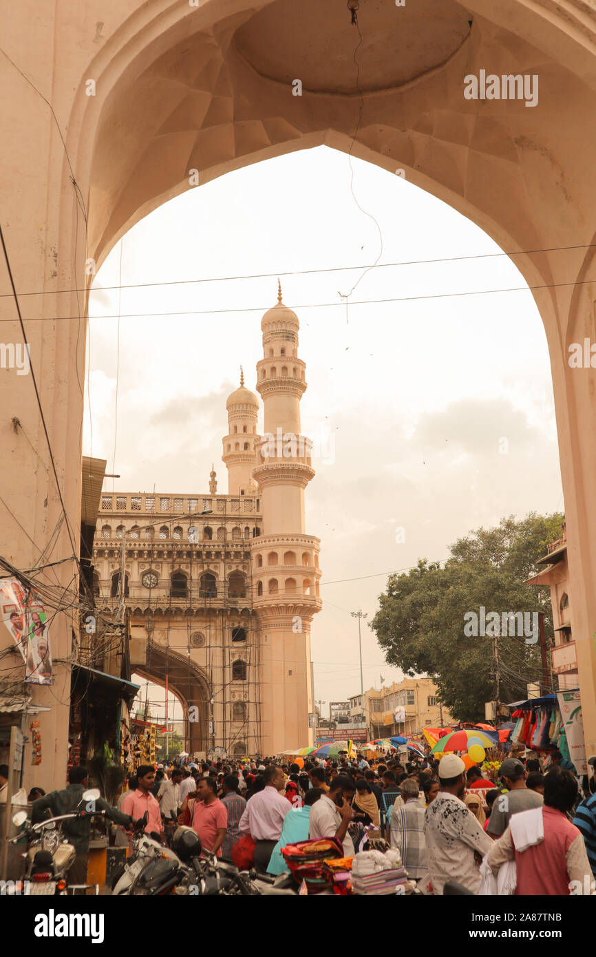 Hyderabad, India october 12,2019 - Busy Crowd near Charminar through Arch Stock Photo
