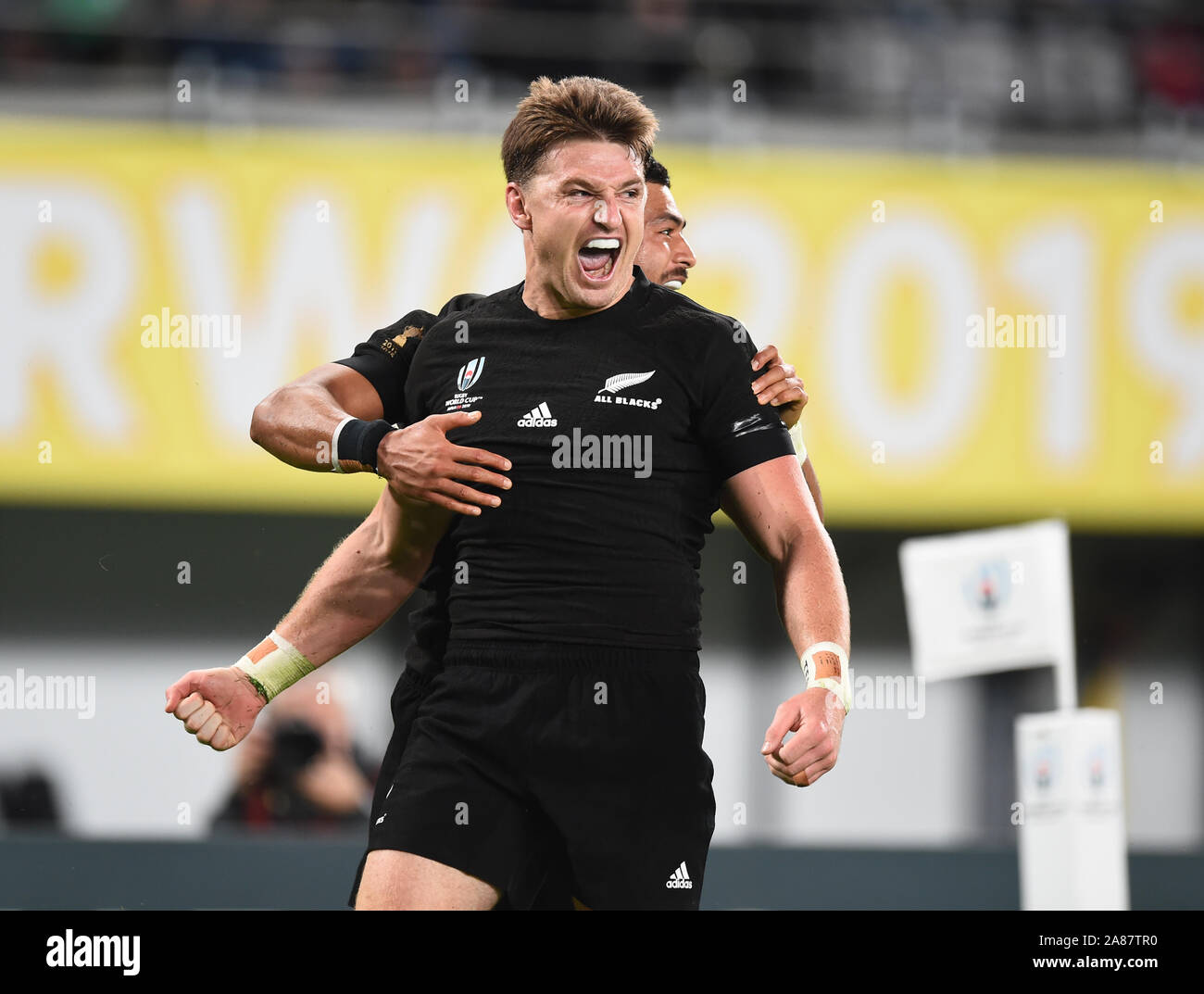 Beauden Barrett Of New Zealand Celebrates Scoring A Try During The 2019 Rugby World Cup Quarter Final Match Between New Zealand And Ireland At Tokyo Stadium In Tokyo Japan On October 19 2019